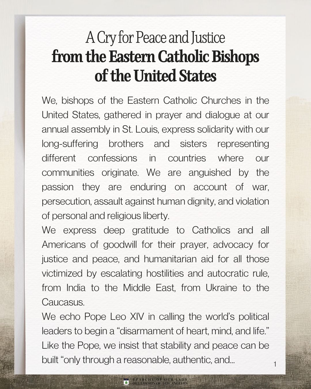 A Cry for Peace and Justice from the Eastern Catholic Bishops of the United States