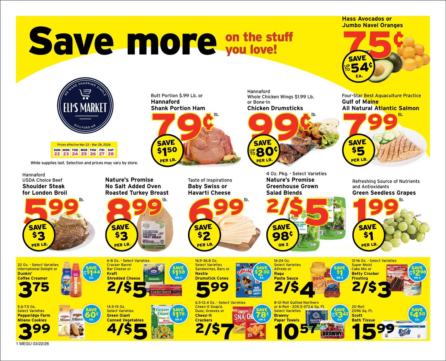 🛒 If you know, you know.
Eli’s isn’t the place you run in for one thing… it’s the place you walk out wondering how your cart got so full.
This week it’s:
Bananas for 50¢
Fresh chicken for under a buck a pound
Ham, salmon, bakery, snacks… all doing their part to make dinner easier
Nothing fancy. Just good food, good prices, and a store that still feels like your store.