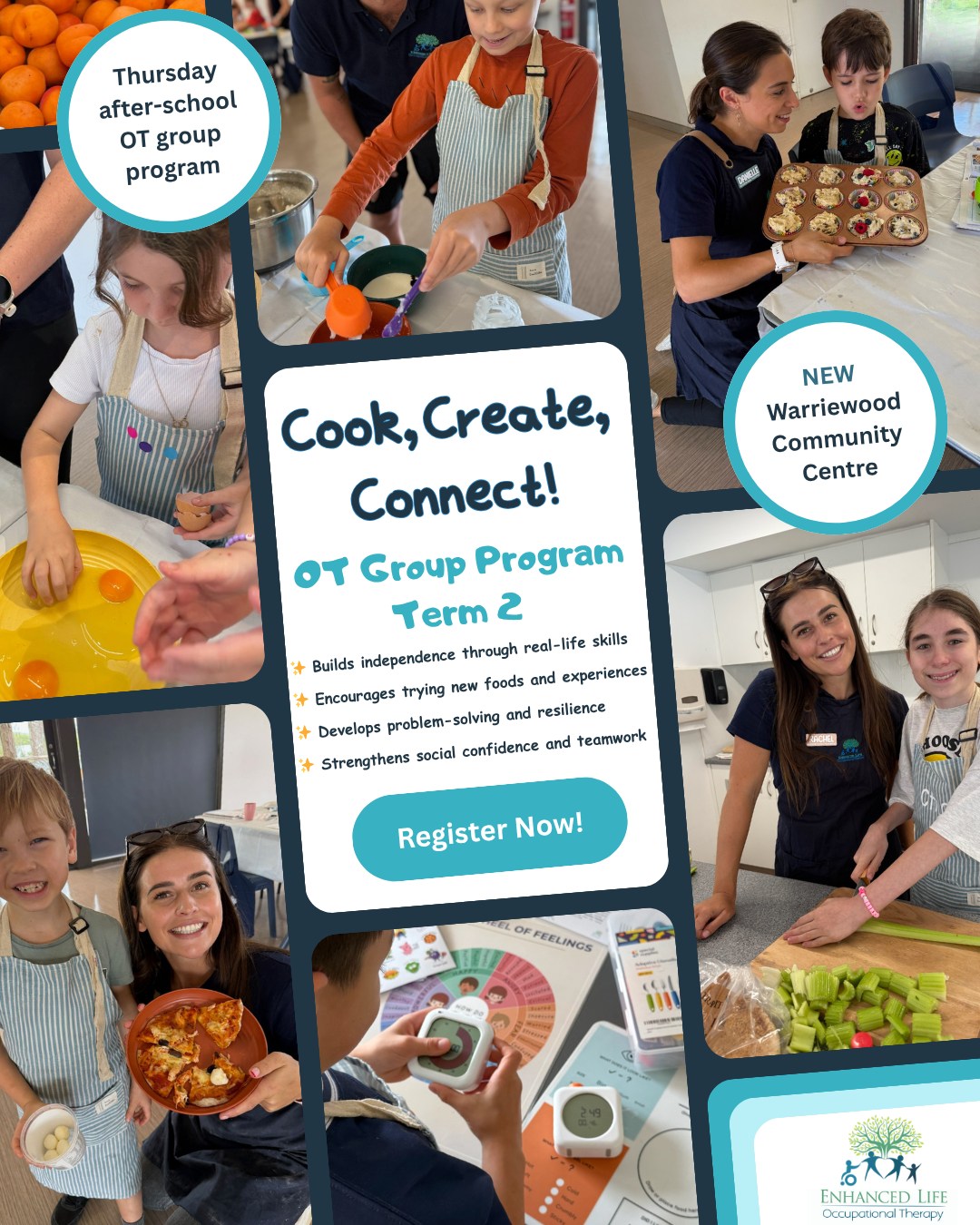 🍳✨ Cook, Create, Connect is back for Term 2!
Our after-school OT group is designed to support children and teens to build confidence, independence, and real-life skills in a fun, supportive kitchen environment.
Across the term, participants will:
• Build independence through hands-on cooking
• Develop confidence trying new foods and experiences
• Strengthen problem-solving and resilience
• Grow social skills, teamwork, and connection
This is more than cooking — it is about supporting children to feel capable, confident, and connected in everyday life.
📍 NEW Warriewood Community Centre
🗓 Thursdays after school (time based on age)
✨ Limited spots available
💛 All abilities welcome
👉 Register now via the link in our bio or reach out to our team to learn more.
#occupationaltherapy #paediatricOT #childdevelopment #socialskillsforkids #independenceskills #afterschoolactivities #northernbeaches #warriewood #enhancedlifeot #allabilitieswelcome