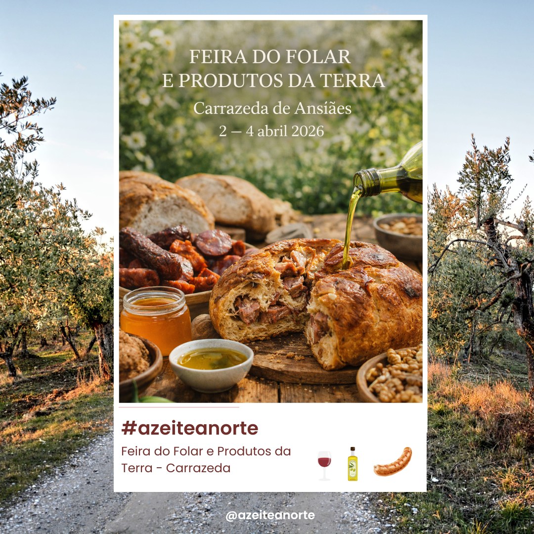 🗓️ 2 — 4 abril 2026
📍 Carrazeda de Ansiães
Há tradições que não se compram — vivem-se.
Durante três dias, Carrazeda de Ansiães recebe a Feira do Folar e Produtos da Terra, um encontro com o que de mais autêntico se faz no Alto Douro e em Trás-Os-Montes.
Folar tradicional, enchidos, vinho, mel, frutos secos, doçaria e azeite — tudo produzido em pequena escala, com saber que passa de geração em geração.
Destaque para a oficina do folar, onde é possível ver e aprender como se faz esta especialidade, pelas mãos de quem mantém viva a tradição!!
Mais do que uma feira, é um regresso às origens. Sabores genuínos, produtores locais e um ambiente que só o interior sabe oferecer.
E como sempre, à mesa, o azeite liga tudo🌿.
#carrazedadeansiaes #feiradofolar #produtosdaterra #trasosmontes #altodouro #gastronomiaportuguesa #saboresdaterra #produtosregionais #azeiteportugues #azeiteanorte #folartradicional #fumeiro #vinhoportugues #mel #doçariatradicional #pascaportuguesa #tradicao #produtolocal #territorio #culturaportuguesa #interior #descobrirportugal #turismogastronomico #eventosportugal #saboresdeportugal #feirasgastronomicas #origem #autenticidade #portugal #nordestetransmontano