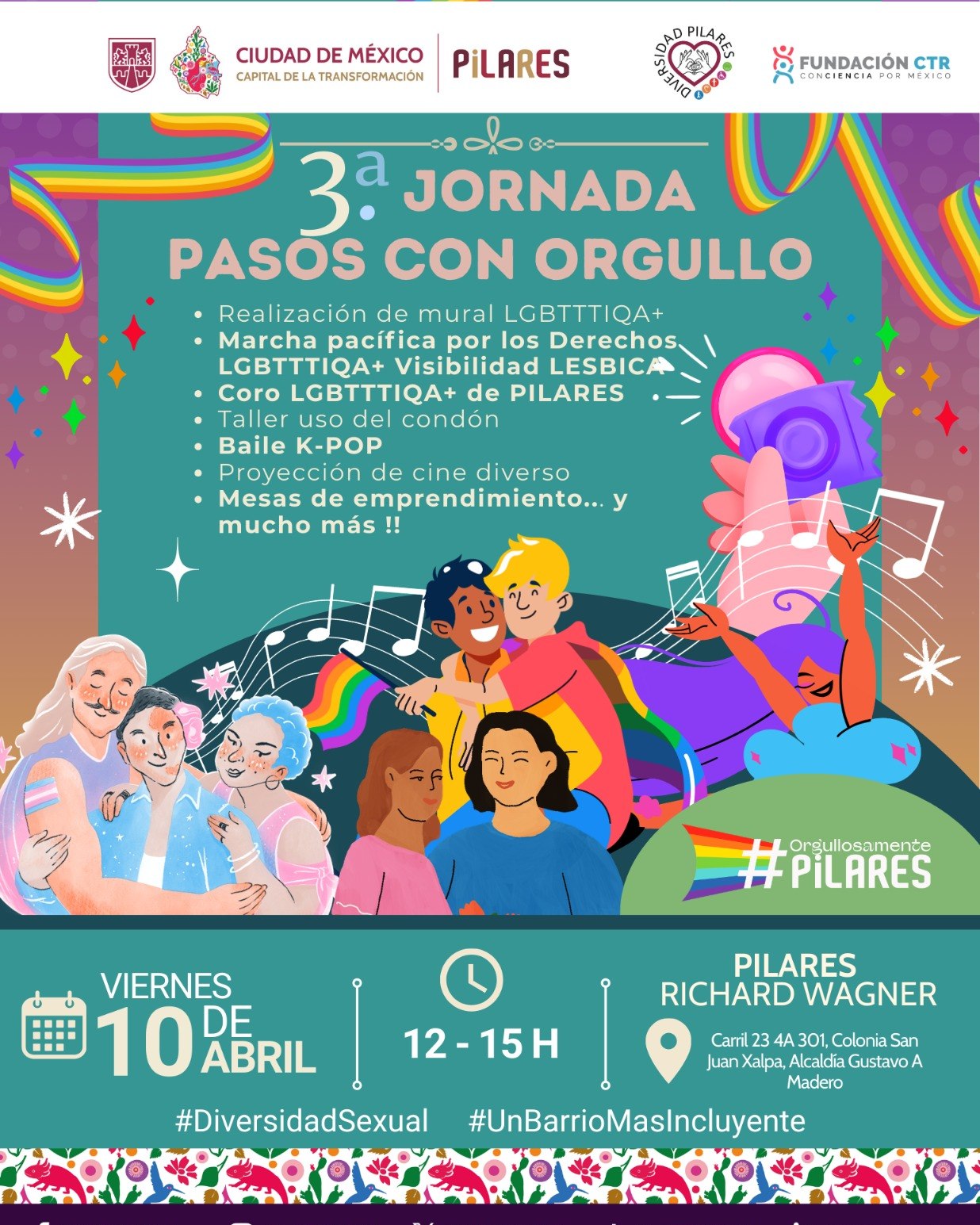 Celebrar quienes somos también es un acto de comunidad 🌈🔥
En PILARES Richard Wagner abrimos un espacio para encontrarnos, expresarnos y hacer visibles todas las identidades en la 3.ª Jornada “Pasos con Orgullo” 💜
Aquí no solo vienes a ver… vienes a participar 🙌
Habrá mural colectivo, marcha por los derechos LGBTTTIQA+, coro, taller de prevención, baile, cine y espacios para impulsar emprendimientos. Un día para conectar, aprender y disfrutar sin etiquetas ✨
🗓️ 10 de abril
⏰ 12:00 a 15:00 hrs
📍 PILARES Richard Wagner (Carril 23 4A 301, Col. San Juan Xalpa, GAM)
💡 La diversidad no se explica, se vive. Y este es el lugar para hacerlo.
💙 Entrada libre. Ven con quien quieras y sé parte de algo más grande.
#DiversidadSexual #OrgulloPILARES #UnBarrioMasIncluyente #ExpresiónLibre #Comunidad 🌈