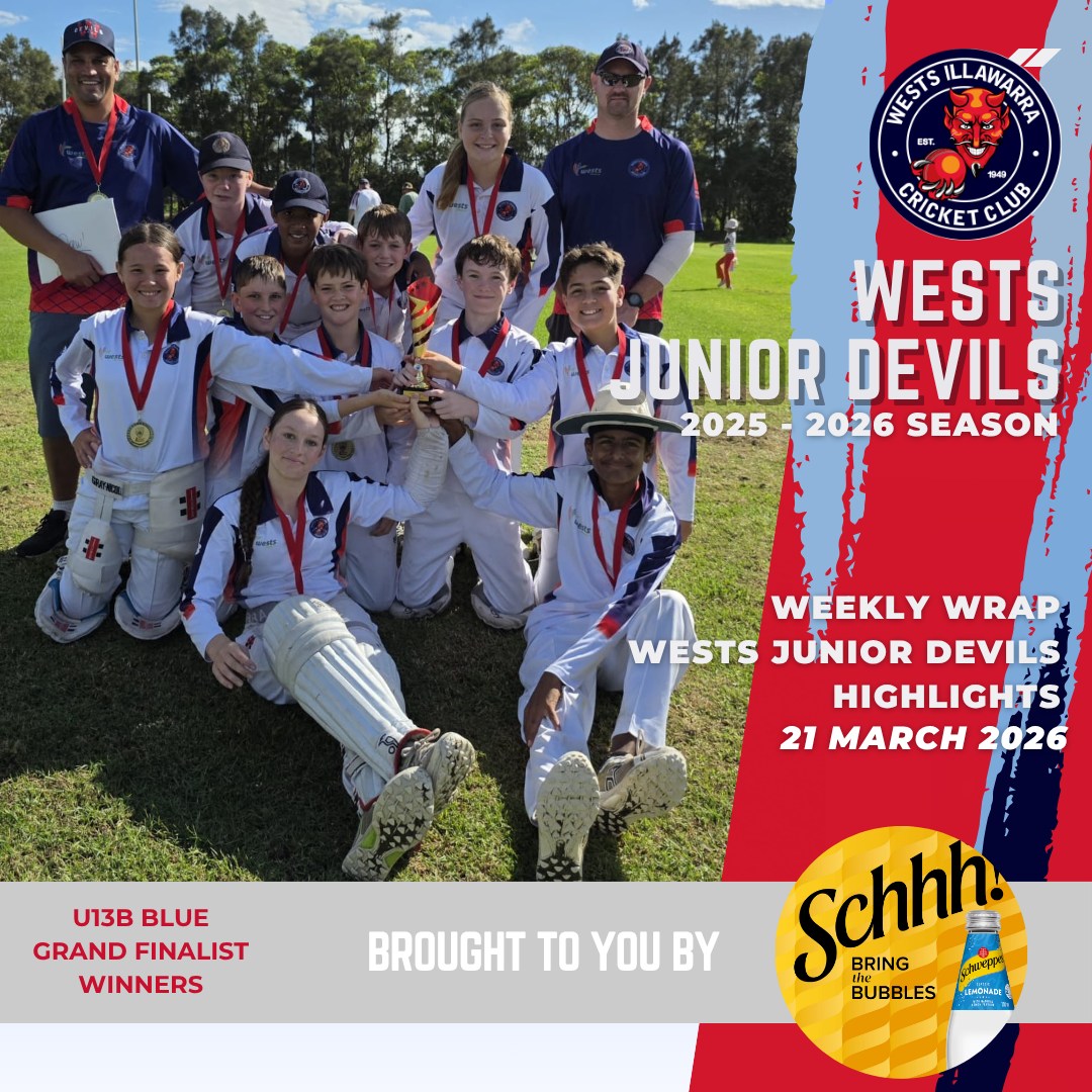 ๐ Final Weekly Wrap for 2025-26 Season ๐
Grand Final weekend wrapped up an incredible season for our Wests Junior Devils! ๐โค๏ธ
A massive congratulations to our U13B Blue who claimed the Grand Final winโan outstanding performance and a well-deserved reward for their hard work all season. ๐๐
A big shoutout as well to our U13B White and U15A sides who fought it out in their Grand Finals. While the results didnโt go their way, making it to the big stage is something to be incredibly proud of. ๐ช
Weโd also like to congratulate Kyan Lamb, a Wests Devils junior, who played with Keira in the U17 Grand Finalโfinishing with a thrilling win, 4/97 to 10/95 against Dapto. ๐
Thank you to all players, coaches, families, and supporters for an amazing seasonโwe canโt wait to celebrate together at presentations! ๐
#WestsJuniorDevils #GrandFinals #ClubPride #JuniorCricket #OneClub #WestsIllawarraCricketClub