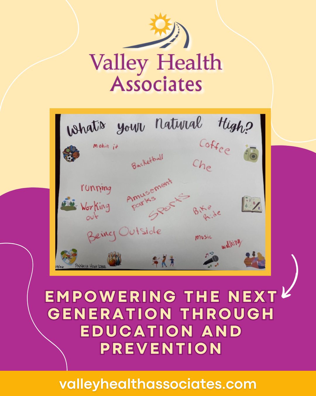 Our Youth Prevention team had a great time at Pinnacle High School in Soledad, talking with students about substance awareness and prevention. Students engaged in a meaningful activity, identifying their own “natural highs” as healthy alternatives to drugs and alcohol.
valleyhealthassociates.com
#ValleyHealthAssociates #PinnacleHighSchool #YouthPrevention #VHA #Nonprofit