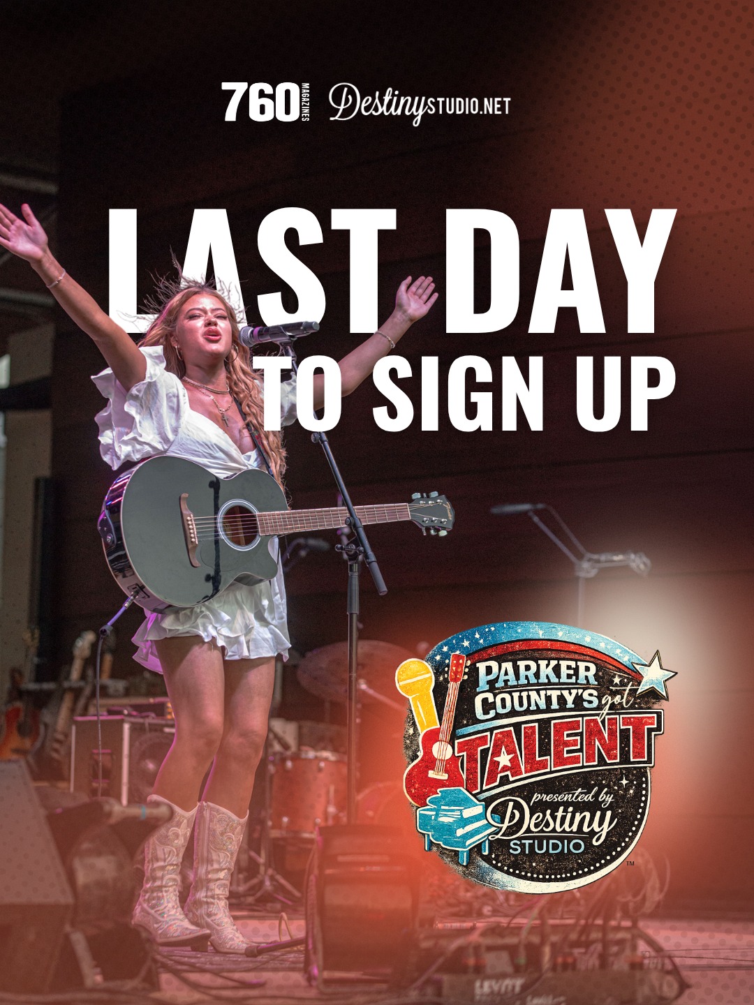 🚨 LAST DAY TO SIGN UP 🚨
Today is your FINAL chance to audition for Parker County’s Got Talent 🎤
If you’ve been thinking about it, this is your moment to step on stage and go for it.
🏆 $500 CASH PRIZE
🎉 All ages welcome
🎟 Live Auditions: March 27
📍 Destiny Studio – Aledo
Can’t attend in person?
Video auditions are due TONIGHT at 11:59 PM
📧 aledo@destinystudio.net
Finalists will perform LIVE at 760 FEST on April 25.
Don’t miss your shot. Comment for the link to sign up!
#fortworthtx #parkercountytexas #aledomusicscene #aledomusiclessons #parkercountytx