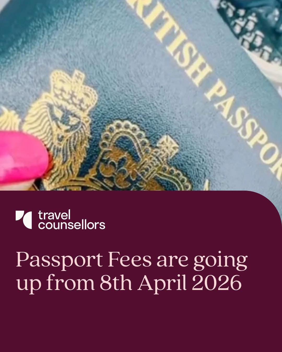 Passport fees are increasing from 8th April
If your passport is due for renewal, it’s worth getting it sorted now before the new prices come in.
✈️ Online applications
Adults: £94.50 → £102
Children: £61.50 → £66.50
📮 Postal applications
Adults: £107 → £115.50
Children: £74 → £80
‼️ EU travel tip: Extra months added to your passport don’t count , it’s the issue date that matters. I’ll always check this for you when you book 😊
Feel free to message me if you’re unsure.
#passportrenewal #traveladvice #traveltips #uktravel #travelplanning #travelcounsellors