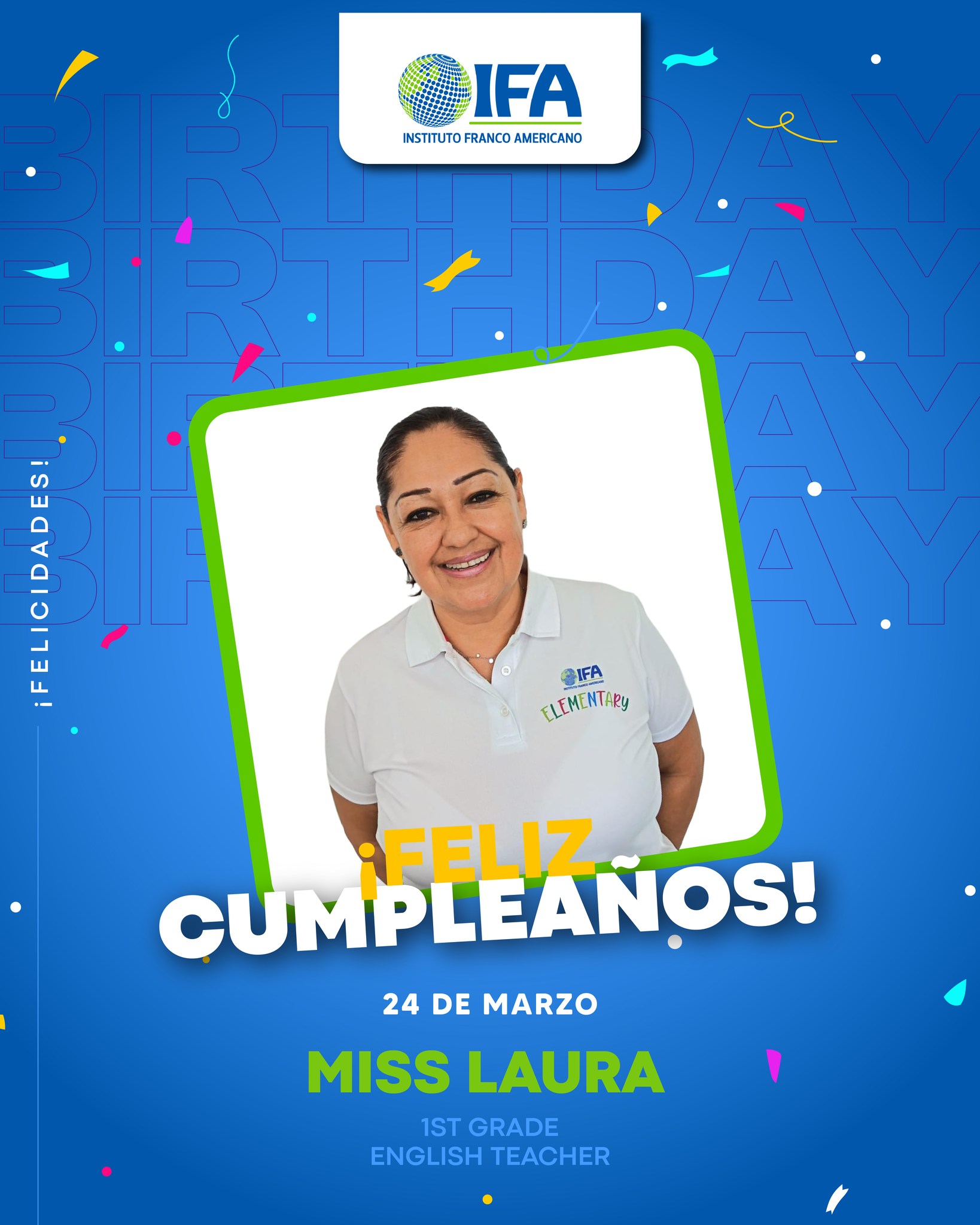🎉🎂 ¡Feliz cumpleaños, Miss Laura! 🎂🎉
Gracias por tu dedicación, compromiso y el cariño que brindas cada día a nuestros alumnos. Tu labor es fundamental en sus pasos de aprendizaje y deja una huella positiva en toda la comunidad IFA.
¡Que este nuevo año esté lleno de salud, alegrías y muchos logros más! 💙✨
#IFA #InstitutoFrancoAmericano #Preescolar #FelizCumpleaños