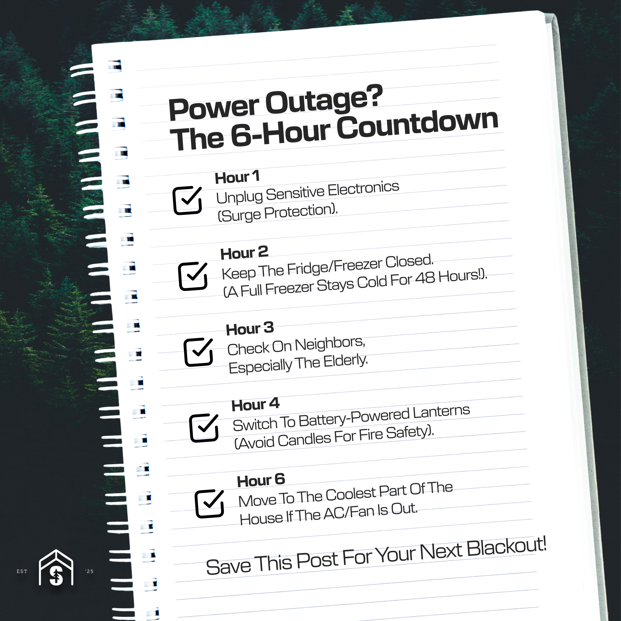 When the lights go out, the clock starts ticking. 🕯️
Follow this exact checklist to keep your food safe and your family comfortable during a spring power outage.
Be Prepared, Not Panicked.
#TheSuburbanSurvivalist #SuburbanSurvivalist #PowerOutage #BlackoutReady #HomeSafety #SurvivalChecklist #SpringReady #EmergencyPrep