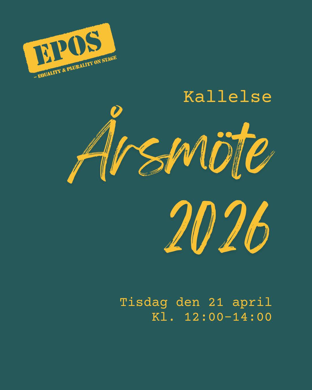 Kallelse till EPOS årsmöte 2026
Medlemmarna i EPOS hälsas välkomna till årsmöte 2026. Mötet äger rum tisdagen den 21 april kl. 12:00 digitalt via Google Meets.
Länk till mötet
Skickas ut till alla medlemmar i EPOS 2026 dagarna före mötet via mejl. Meddela oss om du planerar att delta på årsmötet genom att mejla info@epos.nu.
Motioner
Medlemmar är välkomna att ge förslag till ärenden som ska behandlas på mötet genom att mejla info@epos.nu senast den 10 april. Medlemmar är välkomna att lämna flera förslag!
Nominera till styrelsen
Vill du vara med och påverka EPOS arbete under det kommande året? Nominera dig själv eller någon du tror skulle passa till riksstyrelsen senast den 7 april via formuläret. https://forms.gle/UGfChJxFuhHLXEDZA
// English //
Let us know if you will attend the EPOS annual meeting
The members of EPOS are welcomed to the annual meeting 2026. The meeting will take place on Tuesday, April 21 at 12:00 PM digitally via Google Meets.
Link to the meeting
Link will be sent out to all EPOS members for 2026 during the days before the meeting via email. Let us know if you plan to attend the annual meeting by emailing info@epos.nu.
Motions
Members are welcome to make proposals for matters to be dealt with at the meeting by sending an e-mail to info@epos.nu no later than April 10. Members are welcome to submit multiple suggestions!
Nominate to the board
Do you want to be involved and influence EPOS’s work in the coming year? Nominate yourself or someone you think would be suitable for EPOS board no later than April 7 via the form (link in bio!).
Problem med länkarna?/Trouble with the links? Mejla oss / send us an email to info@epos.nu