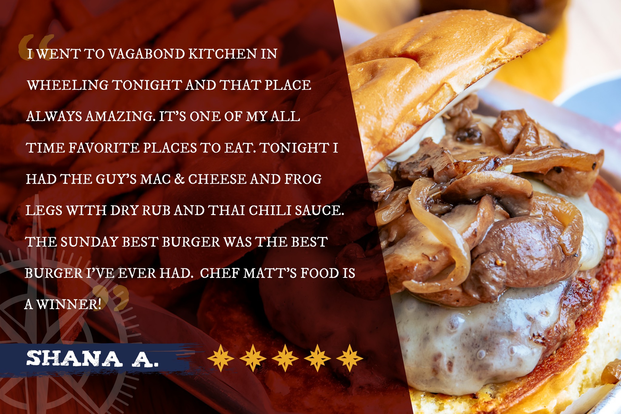 Reviews like this truly mean everything to us. They keep our doors open, and they keep the downtown Wheeling food scene alive and moving forward. At the end of the day, a meal should be more than just food; it should be an experience that stays with you, and when it does, we are grateful when you take the time to tell us how we did and how your time with us felt.
.
.
.
.
#AppalachianEats
#ElevatedAppalachian
#EatLocalWV
#WVFoodways
#TasteWV
#FarmToTable
#DowntownWheeling
#WildAndWonderfulFood
#HandcraftedFood
#SupportSmallBusiness
#GoodEatsOnly
#TheVagabondWay
#AppalachianComfort
Reviews like this truly mean everything to us. They keep our doors open, and they keep the downtown Wheeling food scene alive and moving forward. At the end of the day, a meal should be more than just food; it should be an experience that stays with you. When it does, we are grateful when you take the time to tell us how we did and how your time with us felt.