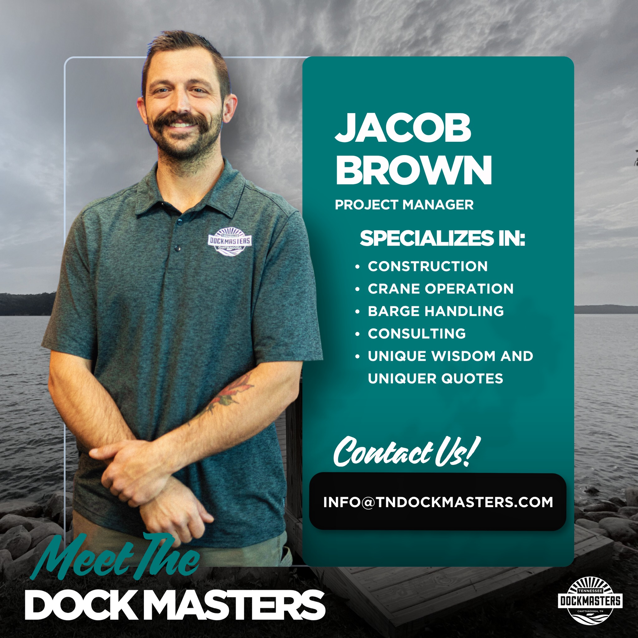 MEET THE DOCK MASTERS!
This is Jacob Brown. You may or may not recognize him from the moderately viral (yet wildly popular) social media series known as, HEY JACOB. Jacob has been a major part of the Dock Masters family for many years. His broad skill set, ability to manage projects, distinguished sense of humor, and knack for saying outlandish things puts him in a league of his own. He’s easy to love because he works hard and always shows up when he’s needed. His pursuit of excellence is evident on every job, and we’re grateful he’s on our side. So let’s show this loving husband and father of three some appreciation today for all he does—and has done—for Dock Masters!
.
.
.
.
.
.
#DockLife #DockConstruction #DockSystems #chattanooga #SeriesSensation #MVP #Tennessee #docklife #dockmasters #WaterfrontLiving #lakefront #dockside #life #water #tuesday #dockbuilderlife #dockrepair #boatlift #dock #BuiltToLast #LakeDock #FloatingDock #DockBuilder #boatlife #CustomDocks #boatinglife #localbusinesslife #buildersofinstagram #TradesOfInstagram #meettheteam