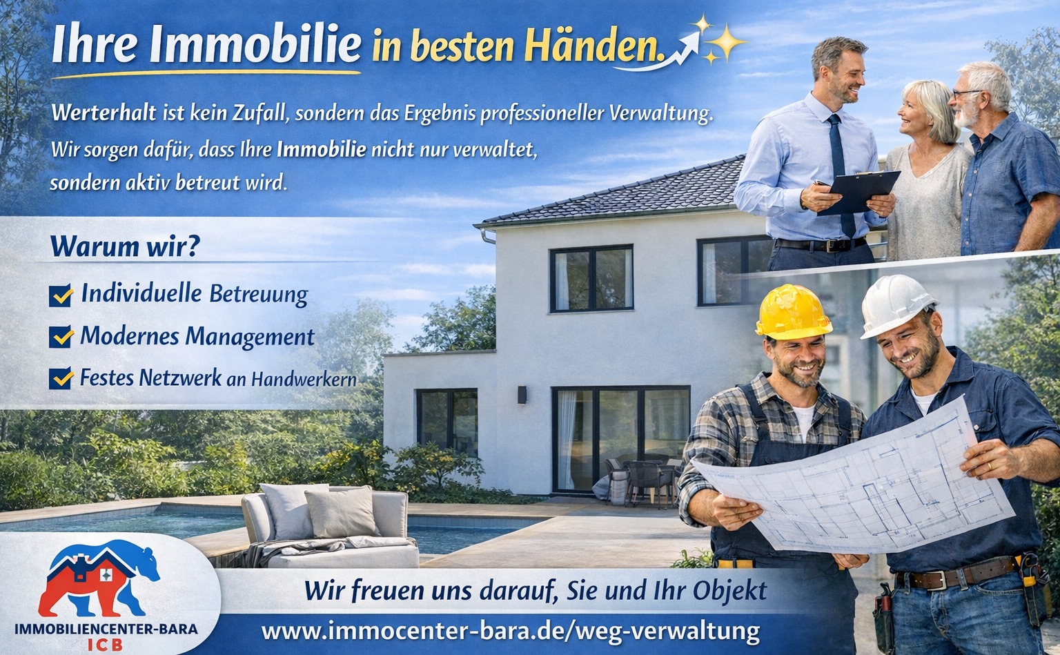 Ihre Immobilie in besten Händen! 🤝🏢
Suchen Sie eine zuverlässige WEG-Verwaltung? Wir vom Immobiliencenter-Bara kümmern uns darum! 🛠️
Wir übernehmen die komplette Organisation für Ihre Eigentümergemeinschaft – von der rechtssicheren Abrechnung bis zur technischen Instandhaltung. Mit Herz und Verstand sorgen wir für den Werterhalt Ihrer Anlage und entlasten Sie im Alltag. ✅
Unsere Highlights:
🔹 Transparente Jahresabrechnungen & Wirtschaftspläne 📑
🔹 Professionelle Leitung der Eigentümerversammlungen 🗣️
🔹 Regelmäßige Objektbegehungen & Sanierungsschutz 🧱
Setzen Sie auf unsere Erfahrung! 🚀
Alle Infos hier:
👉 www.immocenter-bara.de
#ImmocenterBara #WEGVerwaltung #Hausverwaltung #Immobilien #Eigentum #Service #Werterhalt #Hausverwalter