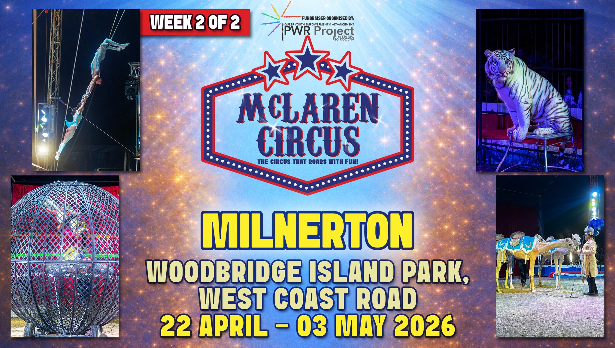 🎪✨ McLaren Circus returns to #MILNERTON in 2026! 🎉🎉
Get ready for an unforgettable International Circus Spectacular, packed with thrilling action, breathtaking performances, and timeless circus magic.
🌟 McLaren Circus 2026 Show
🎫 Tickets NOW available!
📅 Show Dates (week 2 of 2):
• Tue, 28 Apr 2026 @ 7 PM: NO SHOW
• Wed, 29 Apr 2026 @ 7 PM: https://www.mclarencircus.co.za/events/milnerton-pwr-project-fundraiser-with-mclaren-circus-2026-04-29-19-00
• Thu, 30 Apr 2026 @ 7 PM: CASH SPECIAL – All seats R165 | Unreserved seating | Cash only at the ticket office | Sales on the day only
• Fri, 01 May 2026 @ 3 PM: https://www.mclarencircus.co.za/events/milnerton-pwr-project-fundraiser-with-mclaren-circus-2026-05-01-15-00
• Fri, 01 May 2026 @ 7 PM: https://www.mclarencircus.co.za/events/milnerton-pwr-project-fundraiser-with-mclaren-circus-2026-05-01-19-00
• Sat, 02 May 2026 @ 3 PM: https://www.mclarencircus.co.za/events/milnerton-pwr-project-fundraiser-with-mclaren-circus-2026-05-02-15-00
• Sat, 02 May 2026 @ 7 PM: https://www.mclarencircus.co.za/events/milnerton-pwr-project-fundraiser-with-mclaren-circus-2026-05-02-19-00
• Sun, 03 May 2026 @ 3 PM: https://www.mclarencircus.co.za/events/milnerton-pwr-project-fundraiser-with-mclaren-circus-2026-05-03-15-00
Ticket Prices: • Back Chairs: R175 • Side Chairs: R195 • Raised Chairs: R225 • Silver Ringside Chairs (2nd row): R250 • Gold Ringside Chairs (1st row): R295
Bring your family, your friends, and your sense of wonder, and experience South Africa’s only traditional travelling circus live in 2026