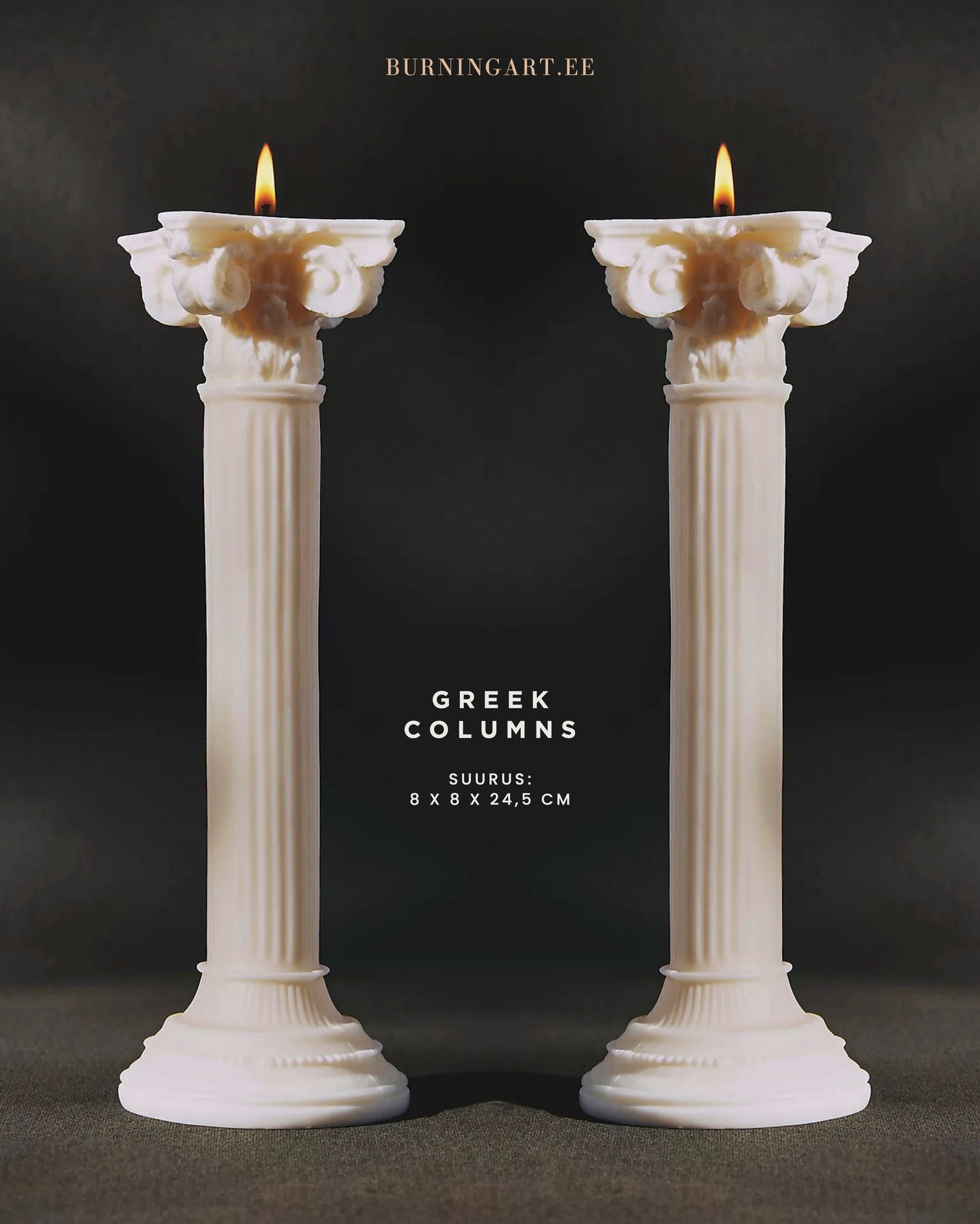 ✨ Greek Columns – arhitektuur valguses ✨
Võimsus, tasakaal ja ajatu ilu.
Greek Columns on kahe küünla komplekt, mis on inspireeritud antiik-Kreeka arhitektuurist – vormidest, mis on sajandeid sümboliseerinud harmooniat, tugevust ja täiuslikke proportsioone.
Need skulptuursed küünlad toovad interjööri klassikalise elegantsi ja monumentaalse rahu. Nende vertikaalne vorm loob ruumis visuaalse kõrguse ja väärika aktsendi.
Mõjus disain muudab need küünlad pilkupüüdvaks detailiks nii modernses kui ka klassikalises interjööris.
🕯️ Süüdatuna muutuvad sambad elavaks – valgus rõhutab reljeefi ja loob peene varjude mängu, mis lisab ruumile sügavust ja atmosfääri.
Komplektis on 2 küünalt, mis koos loovad tasakaalustatud ja arhitektuurse kompositsiooni.
Greek Columns on loodud neile, kes hindavad kunsti, ajalugu ja puhast, skulptuurset esteetikat.
🎁 burningart.ee
-
✨ Greek Columns – Architecture in Light ✨
Power, balance, and timeless beauty.
Greek Columns is a set of two candles inspired by ancient Greek architecture - forms that have symbolized harmony, strength, and perfect proportions for centuries.
These sculptural candles bring classical elegance and monumental calm into any interior. Their vertical form creates a sense of height and a refined visual accent.
The striking design makes them a captivating detail in both modern and classic spaces.
🕯️ When lit, the columns come alive - the light highlights the relief and creates a delicate play of shadows, adding depth and atmosphere to the room.
The set includes 2 candles that together form a balanced and architectural composition.
Greek Columns are created for those who appreciate art, history, and clean, sculptural aesthetics.
🎁 burningart.ee
#greekcolumns #skulptuurküünlad #antiikstiil #disainküünlad #käsitööküünlad #kunstinterjööris #burningart #eestibränd #küünlavalgus