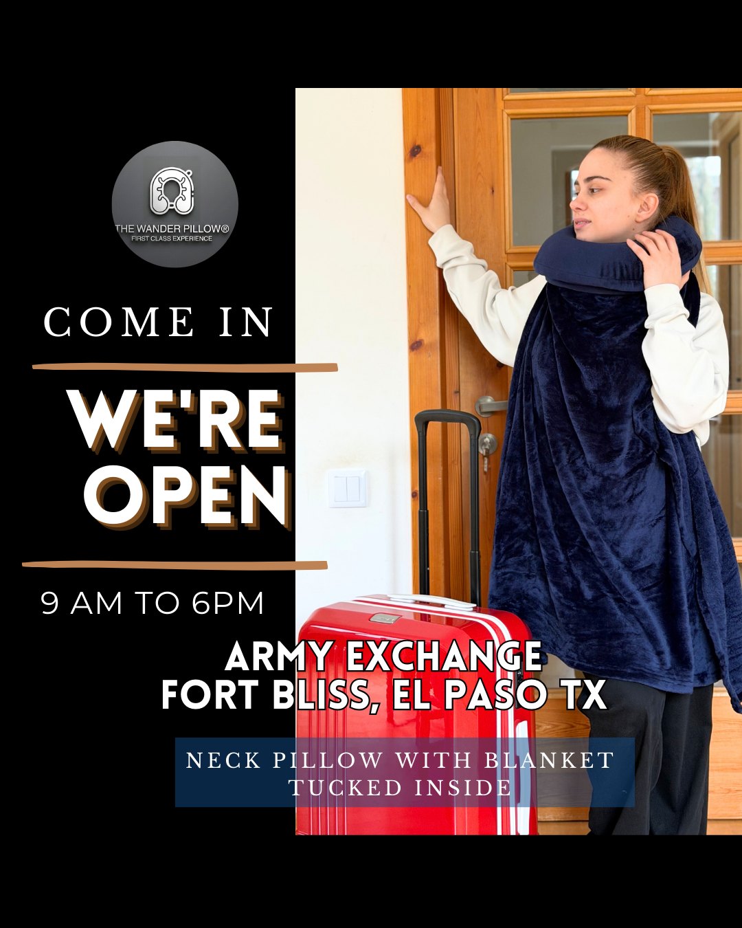 We are officially OPEN at Fort Bliss! 🇺🇸
The doors are open and we couldn’t be more excited to join the Bliss community. You can find us located directly across from Leisure Travel Services (LTS).
With deployments and long days of travel, we know how much a little piece of home matters. That’s why we’re so proud of our neck pillow with a built-in blanket. It’s designed to give you a hug away from home offering comfort and warmth no matter where the mission takes you. 🧸✈️
To our Soldiers and Families: Thank you for your service. It is an honor to be here for you.
📍 Visit Us Today:
Where: Fort Bliss (Directly across from LTS)
The Must-Have: Our neck pillow + built-in blanket combo
Why: The ultimate "hug away from home" for your next flight or field rotation.
Come by, say hi, and see why this is a travel essential!
#FortBliss #TeamBliss #FreedomCrossing #MilitaryTravel #HugAwayFromHome #ThankYouForYourService #ElPaso #DeploymentReady