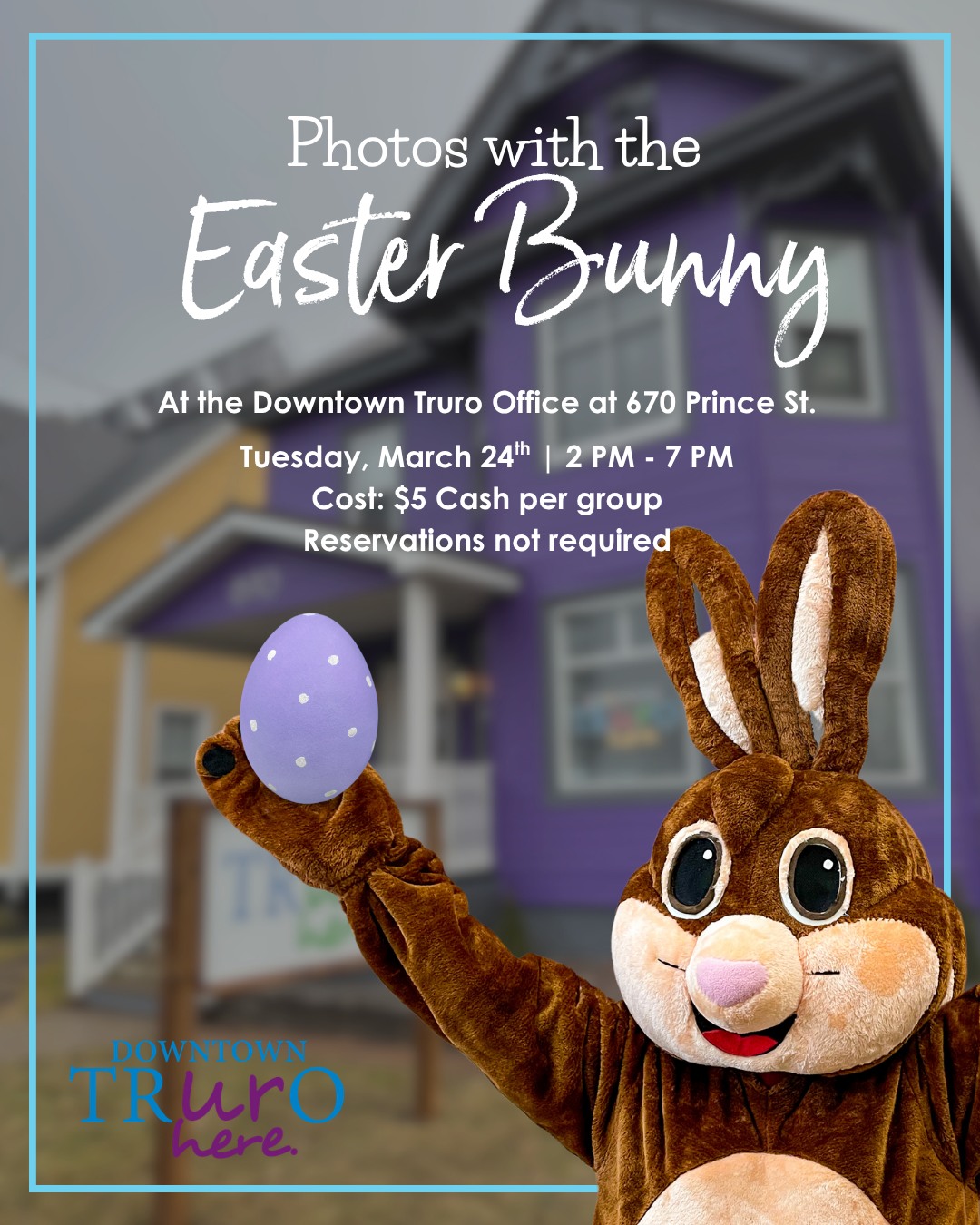 Hop into Downtown Truro for photos with the Easter Bunny 🐰📸
Join us at the Downtown Truro Office (670 Prince St.) Tomorrow Tuesday, March 24 from 2–7 PM.
✨ $5 cash per group
✨ No reservations needed