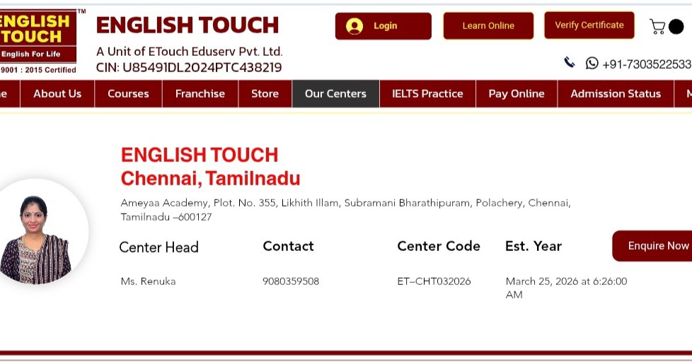We are delighted to announce the inauguration of a new English Touch Franchise Centre in Chennai, Tamil Nadu.
This milestone reflects our continued commitment to empowering individuals across India with effective English communication skills.
We extend our heartfelt best wishes to the entire team for a successful and impactful journey ahead.