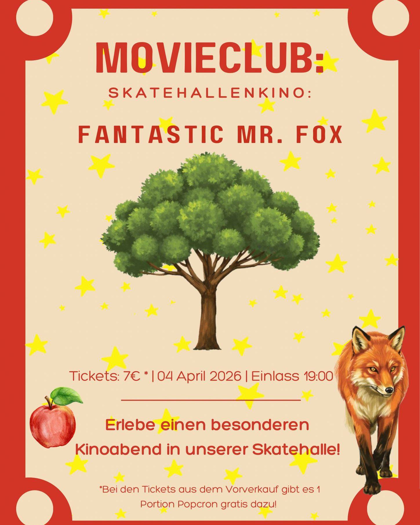 Erlebe einen besonderen Kinoabend bei uns in der Skatehalle!
Die Abstimmungen sind vorbei und ihr habt euch für den wundervollen Film Fantastic Mr. Fox entschieden!
Hier eine kurze Beschreibung des Films für alle die ihn noch nicht kennen:
„Fantastic Mr. Fox“ (2009) ist ein charmanter Stop-Motion-Animationsfilm von Wes Anderson, und dreht sich um einen cleveren Fuchs und seine Familie.
Mr. Fox kehrt zu seinem riskanten Leben als Hühnerdieb zurück, bringt damit seine Familie in Gefahr und muss seine Freunde gegen drei böse Bauern verteidigen.
Es folgt ein abenteuerlicher, herzlicher und witziger Film der an künstlerischer Innovation kaum zu übertreffen ist.
Also schnapp dir deine Freunde und genieße gemeinsam mit uns einen unvergesslichen Abend.
Info: der Film wird in der Originalsprache (Englisch) mit deutschen Untertiteln gezeigt
Wann?: 04.04.26
Wo?: in unserer Skatehalle im Rollwerk
Wie viel Uhr? 19 Uhr Einlass - 20:15 Filmstart
Eintritt:
⁃ Vorverkaufticket: 7€ inkl. 1 Portion Popcorn,
⁃ Abendkasse: 7€