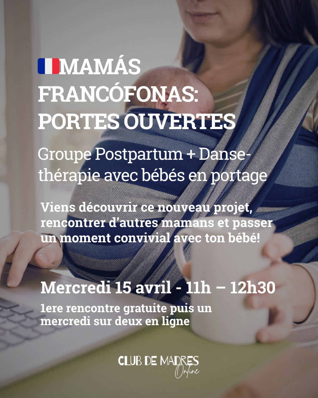 🤱Nouveaux groupes Postpartum + danse avec bébés en portage
Un espace de parole et de mouvement, de soutien et d’information pour les mamans francophones de Barcelone 🌍💜
👉 Un groupe présentiel:
📅 Mardi 14 avril 🕚 11h – 12h30
🎉 1ere rencontre gratuite puis un mardi sur deux
📍Au Club de Madres (el Clot/Glories/Barcelone)
👉 Un groupe online:
📅 Mercredi 15 avril 🕚 11h – 12h30
🎉 1ere rencontre gratuite puis un mercredi sur deux en ligne
👶 Pour les mamans avec bébés de 2 mois à 1 an
💞 Nombre limité de places afin de créer des groupes restreints et intimes
💌 Inscription: Tatiana (WhatsApp) 600324028
Si tu as envie de te sentir accompagnée dans les premiers mois de ton bébé, de passer un bon moment avec d’autres mamans dans la bienveillance, et même de faire quelques pas de danse… viens découvrir ce nouvel espace, ta tribu t’attend !✨
Facilitatrice: Tatiana Dangy, maman française, doula, consultante en allaitement et danse-thérapeute.
Plus d’infos sur le site du Club de Madres,
N’hésites pas à me contacter pour toute question 🙋♀️