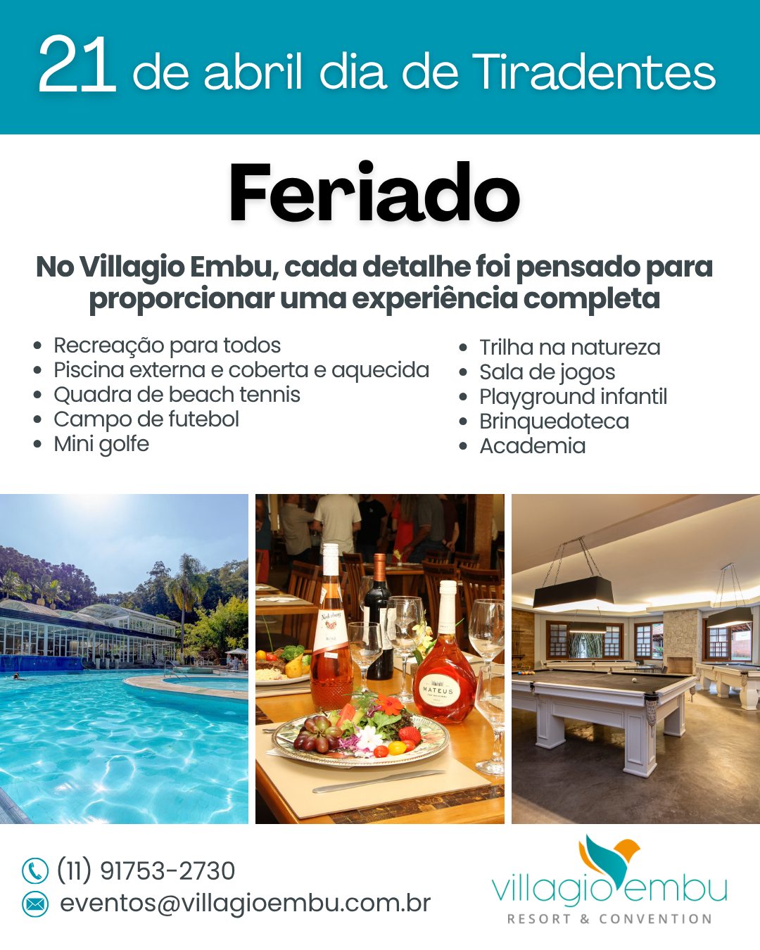 🌿✨ FERIADO DE TIRADENTES NO VILLAGIO EMBU ✨🌿
Que tal aproveitar o feriado prolongado para desacelerar e recarregar as energias? 💚
No Villagio Embu você encontra o equilíbrio perfeito entre natureza, conforto e momentos especiais com quem você ama 🏡🌳
💦 Lazer para toda a família
🍽️ Gastronomia acolhedora
🌿 Tranquilidade em meio ao verde
Solicite seu orçamento e garanta dias inesquecíveis!
📲 WhatsApp: (11) 91753-2730
📧 eventos@villagioembu.com.br
#VillagioEmbu #FeriadoDeTiradentes #FeriadoProlongado #ViagemSP #Descanso #Natureza #HotelFazenda #TurismoSP #ViagemEmFamilia #EscapadaPerfeita