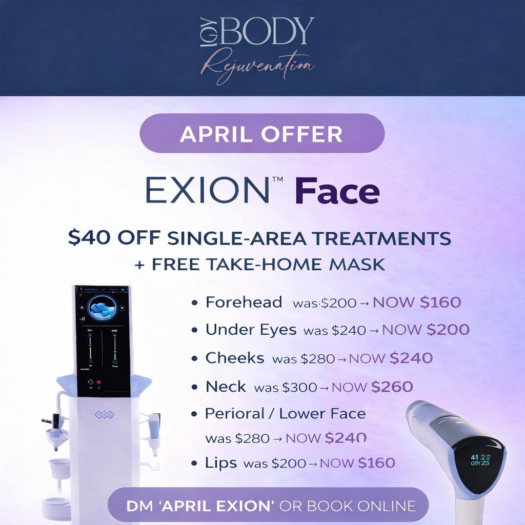 💥 APRIL SKIN TIGHTENING OFFER – $40 OFF EACH AREA
Choose your treatment area:
• Forehead – was $200 → $160
• Under Eyes – was $240 → $200
• Cheeks – was $280 → $240
• Neck – was $300 → $260
• Perioral / Lower Face – was $280 → $240
• Lips – was $200 → $160
✨ PLUS receive a FREE Medipledge mask to take home and enhance your results
⚠️ Treatments must commence in April to receive this offer
🎯 A great way to experience Exion for the first time is with a targeted single-area treatment
💫 Why clients love Exion Face:
✔ Non-invasive, no downtime
✔ Clinically advanced RF + targeted ultrasound
✔ Natural collagen stimulation
✔ Perfect entry or maintenance treatment
📲 Book Now
DM “APRIL EXION”
OR
Book online via our website
🌐 www.gvbodyrejuvenation.com
#GVBodyRejuvenation #goulburnvalley #shepparton #skintightening #exion #sheppartonbusiness #goulburnvalley #shepparton #wellnessaesthetics #antiaging #noninvasivetreatments #collagenstimulation #exionface