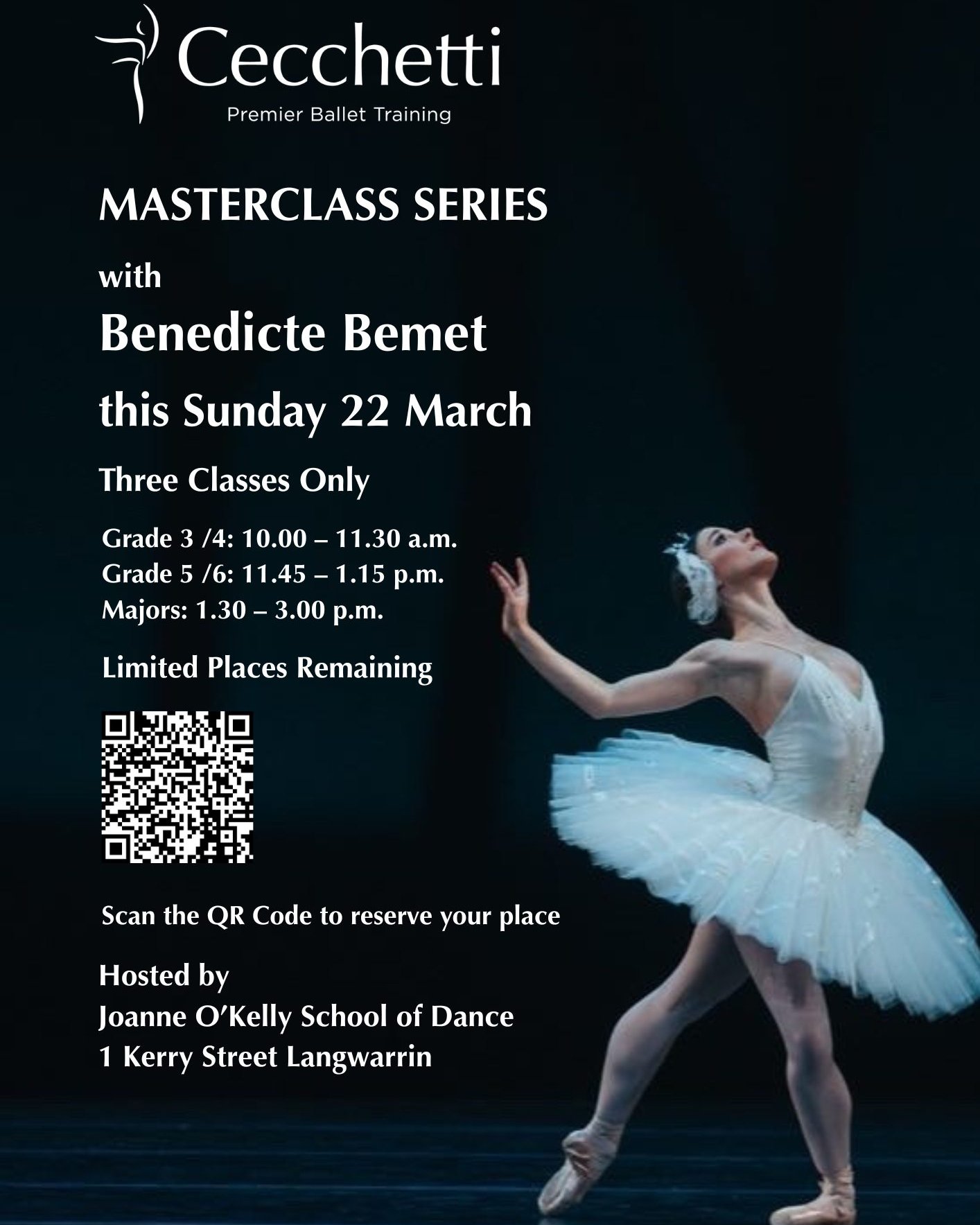 ✨ FINAL PLACES
Cecchetti Ballet Victoria Masterclass Series
🩰 With Benedicte Bemet
Principal Artist, The Australian Ballet
Small class sizes, personalised attention, rare training opportunity
📅 Sunday 22 March📍1 Kerry Street, Langwarrin
Bookings close this evening @11.59 p.m. | Book via QR code or https://www.trybooking.com/DIMXR