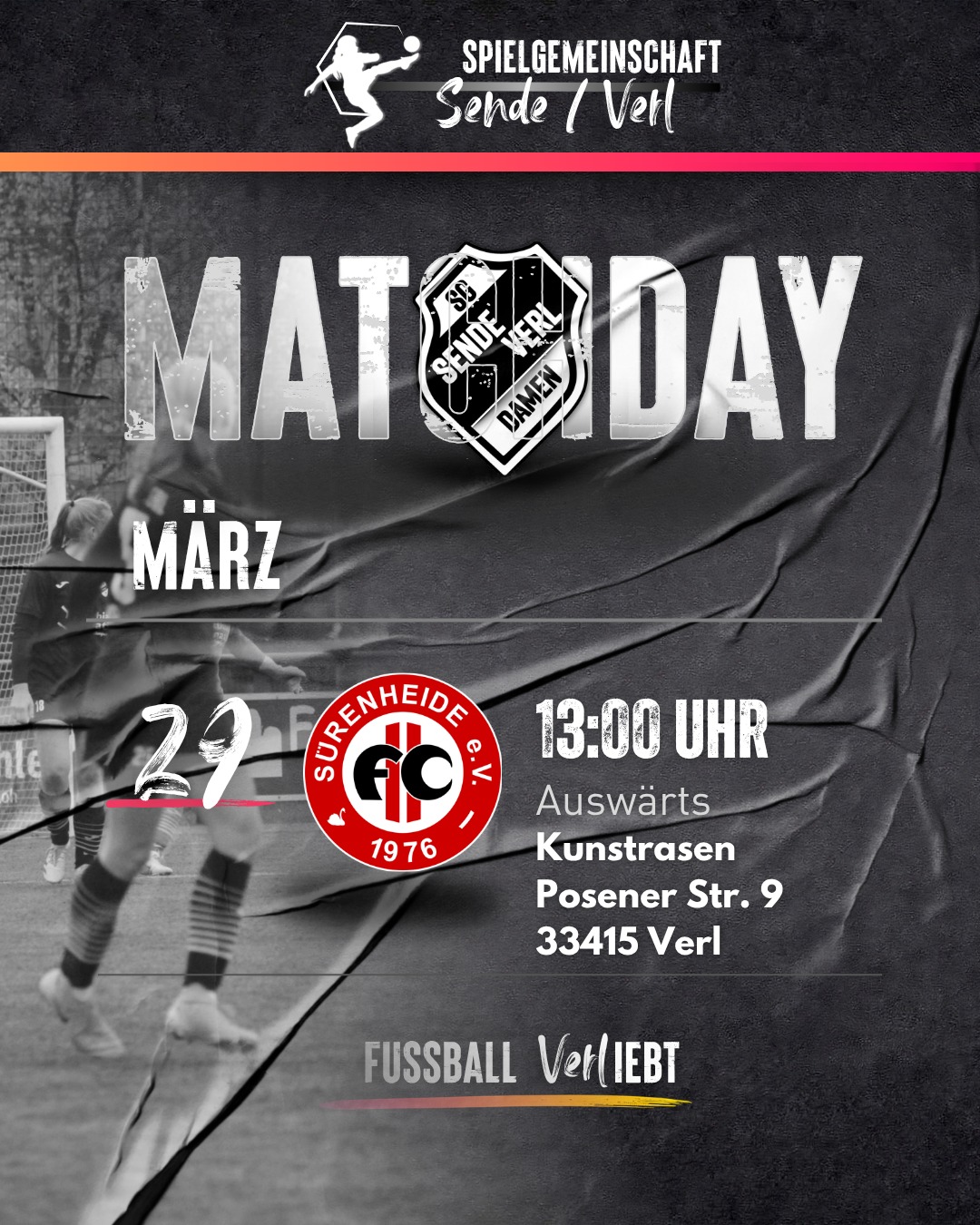 Damen SG Sende/Verl – Derbyzeit 🔥🖤🤍
Derby in Verl!
Am Sonntag (29.03.) sind unsere Damen zu Gast beim FC Sürenheide.
📍 Sürenheide
⏰ 13:00 Uhr
Ein Blick auf die Tabelle zeigt:
Wir stehen aktuell auf Platz 7, Sürenheide auf Platz 11 – aber im Derby zählen bekanntlich keine Zahlen, sondern nur Einsatz, Wille und Teamgeist. ⚔️
Mit 30 Punkten gehen wir mit Rückenwind ins Spiel, während Sürenheide mit 21 Punkten alles reinwerfen wird, um im Derby zu überraschen.
Das wird kein Spaziergang – sondern ein Spiel, das über Leidenschaft entschieden wird.
Derby-Modus an. 🔥
#SWSendeDamen #SGSendeVerl #SPORTCLUBDamen #frauenfussball #kreisligaa #beckum #derby #verlplay