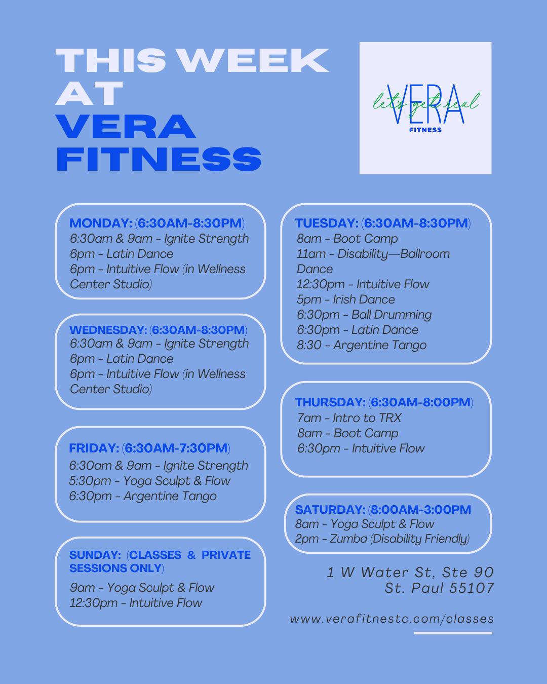 Join us for a class, personal training, open gym - or - a bit of it all!
Register for classes:
Fitness & Disability: www.verafitnesstc.com/classes
Intuitive Flow: angela@bundylane.com or text 651 456 8087
Latin Dance: Text Antonio 725 777 9147
Tango: danielhoracio02@gmail.com
Irish Dance: irish.step.studio@gmail.com
Yoga Sculpt & Flow: tatyanatuy@gmail.com or 917 744 6851
#fitoverfifty #irishdance #DisabilityFitness #verafitness #momfit #verastrong #recoverytraining #morningyoga #specialneedsfitness #selfcare