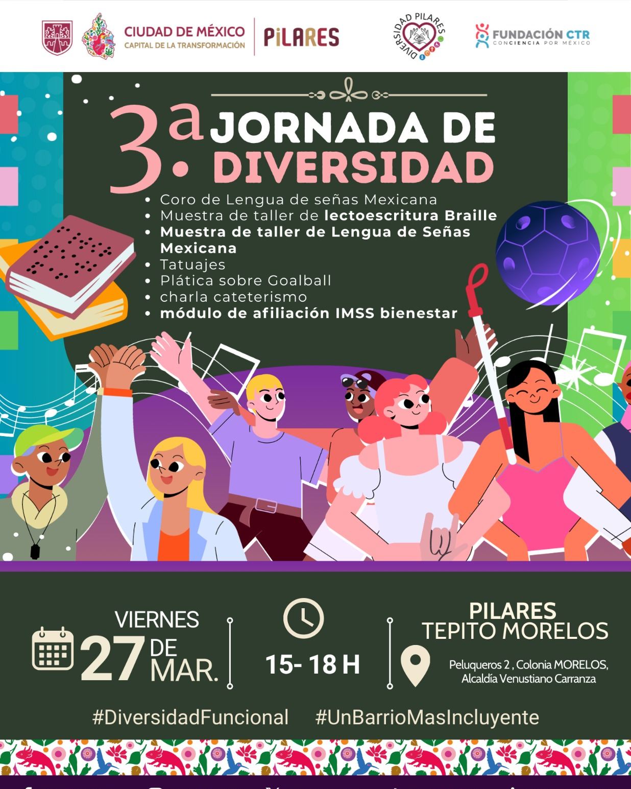 La diversidad nos une y nos fortalece 🤝✨
Te esperamos en PILARES Tepito Morelos para vivir la 3.ª Jornada de Diversidad, un espacio donde la inclusión, el aprendizaje y la empatía se convierten en comunidad 💙
¿Qué encontrarás?
Actividades que inspiran y visibilizan: desde coro en Lengua de Señas Mexicana, talleres de Braille y LSM, hasta charlas, experiencias sensoriales y módulos de orientación. Un día para aprender, convivir y abrir la mirada 🌈
🗓️ ¿Cuándo? 27 de marzo
⏰ Horario: De 15:00 a 18:00 hrs
📍 ¿Dónde? PILARES Tepito Morelos (Peluqueros 2, Col. Morelos, Alcaldía Venustiano Carranza)
💡 Recuerda: La inclusión se construye con acciones, empatía y conocimiento. ¡Seamos parte del cambio!
💙 Acceso libre y gratuito. ¡Invita a quien quiera sumar a un barrio más incluyente!
#DiversidadFuncional #UnBarrioMasIncluyente #PILARES #CDMX #Inclusión #Comunidad