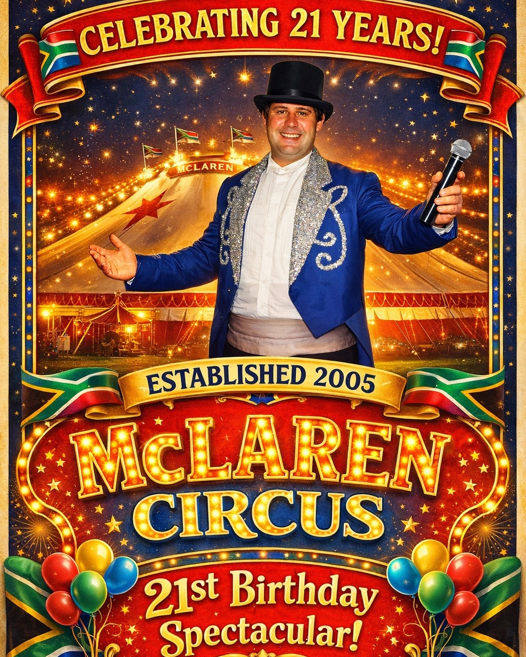 🎪❤️ 21 YEARS… BECAUSE OF YOU ❤️🎪
Today McLaren Circus turns 21.
Since 2005, every ticket, every cheer, every moment you’ve shared with us has kept this dream alive. Your support is the reason we are still here, travelling South Africa and doing what we love.
Thank you for believing in us.
21 Years Strong 🎉