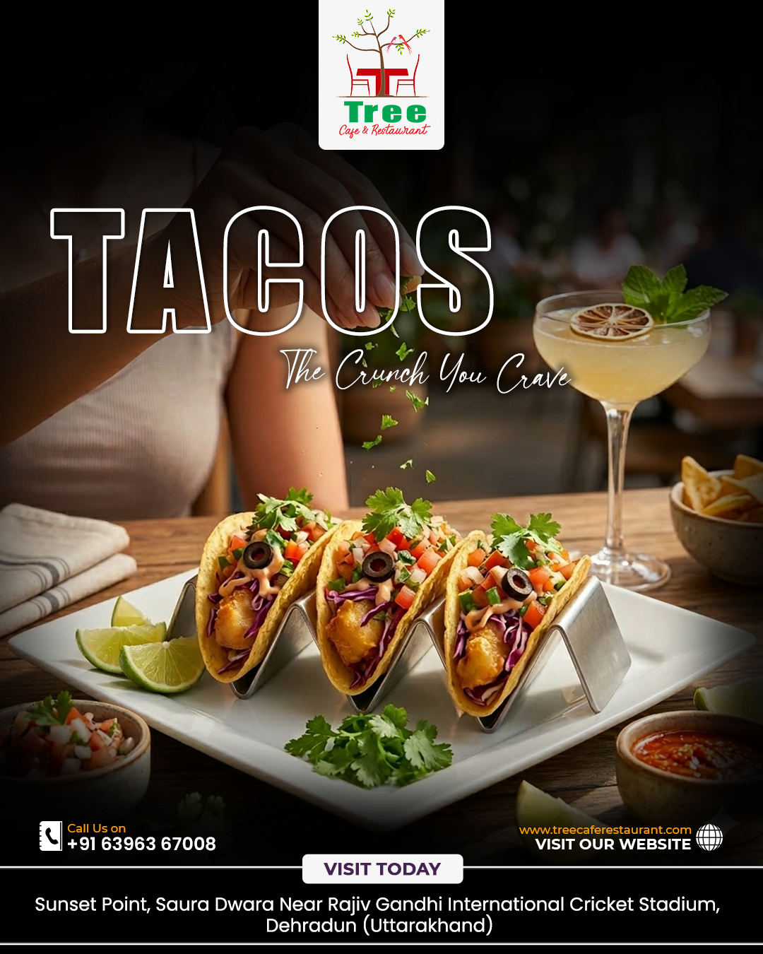 Crunchy, juicy, and loaded with flavor 🌮✨
Treat your taste buds to the ultimate taco experience at Tree Cafe & Restaurant where every bite is pure satisfaction.
#TacoTime #FoodieDelight #DehradunEats #TreeCafe #CrunchyBites #FoodLovers #VisitToday
