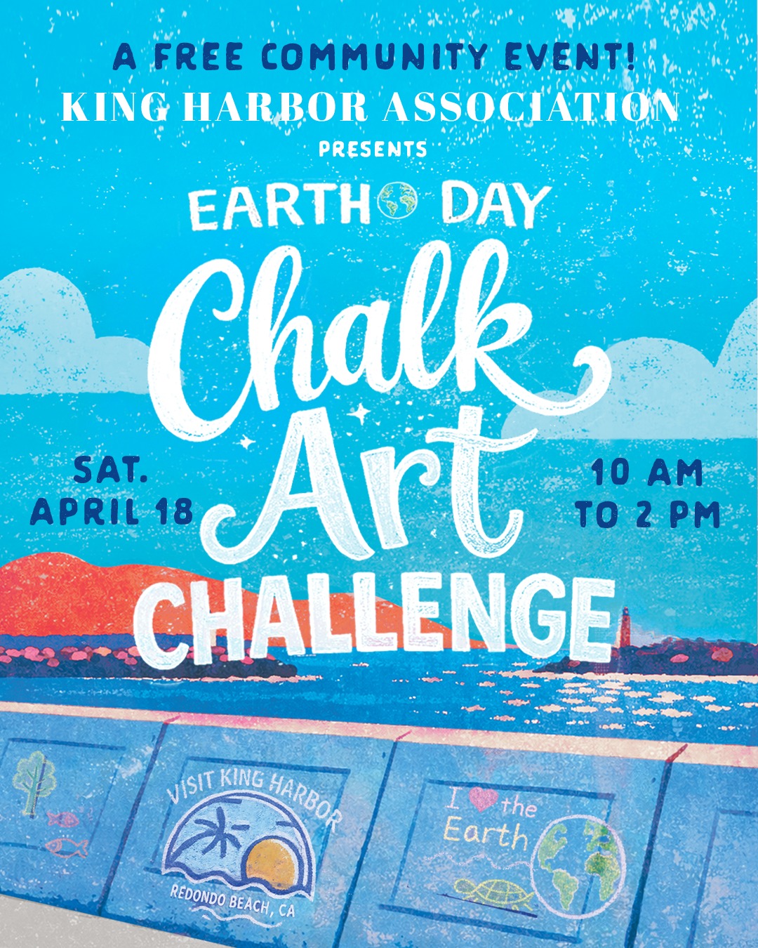 April 18, join us at the splash wall between CA Surf Club & Riv Mex Cantina. The King Harbor Association is proud to present, and bring back, the Annual Earth Day Chalk Art Challenge. Free community event.
🌎 All levels are invited to create a chalk art drawing to commemorate Earth Day.
🌎 The first 100 children to sign-up on the day of the event will receive free chalk and tote bag.
🌎 Please RSVP at link in bio for updates on exciting enhancements to the event as they are finalized.
📍 239 N Harbor Dr, 90277
#redondobeach #kingharbor #redondobeach #visitkingharbor #earthdaychalkartchallenge