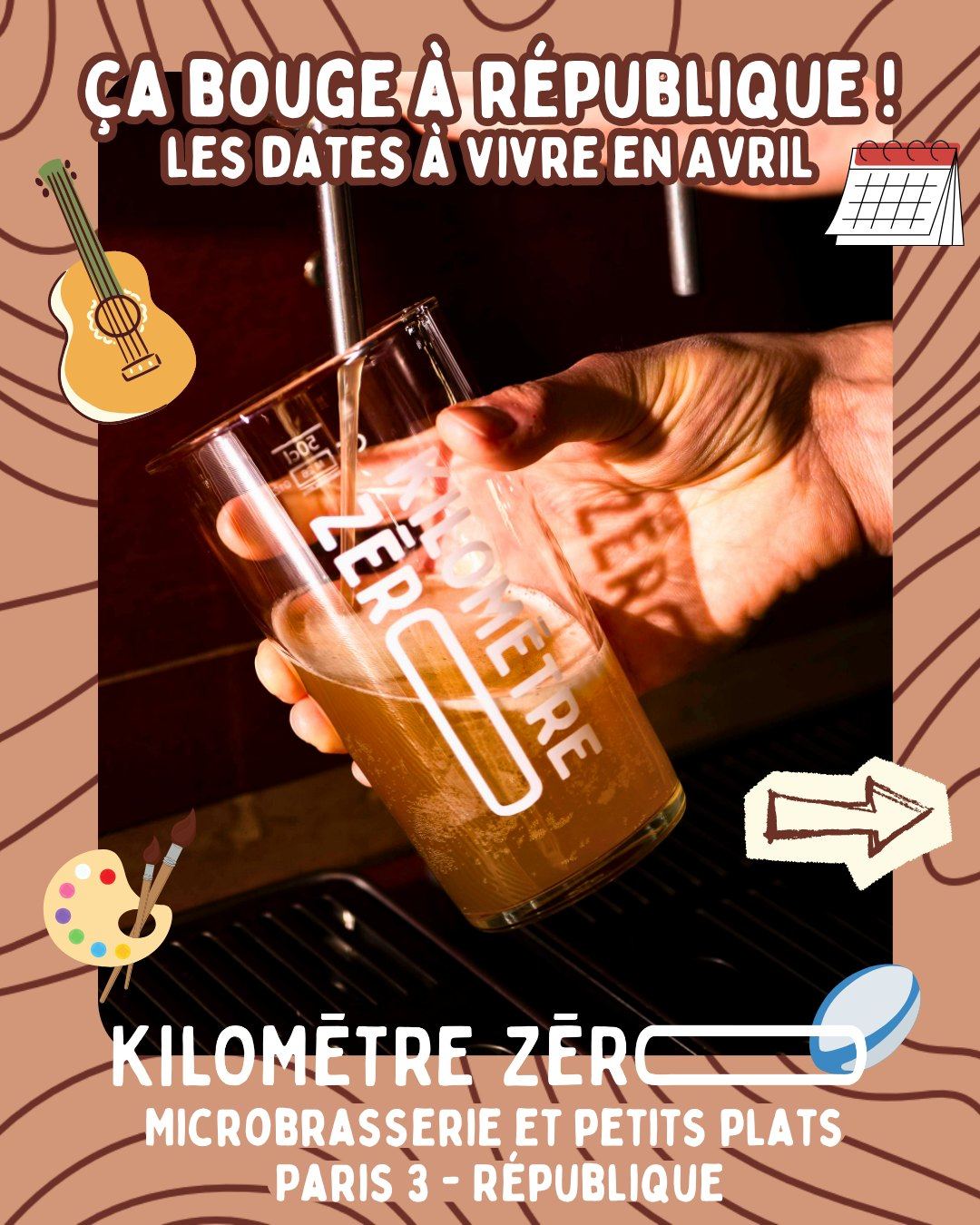 🔥 PROGRAMME D’AVRIL AU KM0 📅
Le printemps arrive, la terrasse (estivale) s’agrandit et ça bouge fort à République 🌿🍻 Voici ce qui t’attend au Kilomètre Zéro ce mois-ci.
🎤 Tom’s Pub Quiz - @tomquizparis - @thomas_brun
📅 Tous les mardis – 20h
👉 Culture G, musique, bonne humeur et bières à gagner. Le rendez-vous incontournable du KM0.
🎶 Scène ouverte – organisée par @iko.iko.musique
📅 Mercredi 1er avril – 19h
👉 Folk, énergie collective et rythmes endiablés. Monte sur scène ou viens découvrir les talents du moment.
⚽ Ligue des Champions : PSG – Liverpool
📅 Mercredi 8 avril – 21h
👉 Match diffusé au bar, ambiance foot + craft = combo parfait entre potes.
🎲 Soirée Jeux de société - avec @reveille_ton_gosse
📅 Dimanches 12 & 26 avril – dès 18h30
👉 Jeux de sociétés et petit verre de fin de semaine autour d’une table. Viens jouer, rencontrer du monde et refaire le monde en douceur.
🌴 Concert – Léa Destombes - @lea_destombes_
📅 Mercredi 15 avril – 19h
👉 Bossa & folk acoustique inspirées de ses voyages, entre douceur, chaleur et saudade.
🤠 Concert – Jonas - @jonaslatour
📅 Mercredi 22 avril – 19h
👉 Folk / country intimiste, voix brute et guitare sèche pour une atmosphère chaleureuse et sincère.
🌞 Tout le mois
👉 Terrasse estivale agrandie
👉 Bières brassées sur place & petits plats maison
👉 Good vibes garanties
📍 Kilomètre Zéro - 39 rue Notre-Dame-de-Nazareth, Paris 3e (République)
👉 Suis @km0paris pour ne rien rater des prochaines actus !
Crédit photo de couverture : @geraldinemartens 📸
L’abus d’alcool est dangereux pour la santé, à consommer avec modération. 💛