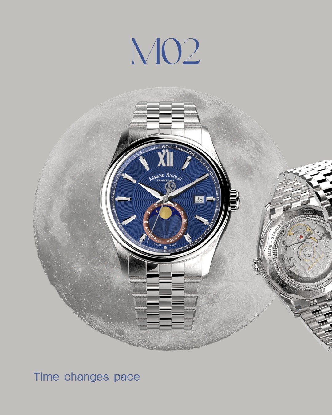 Same soul, a new feel on the wrist.
The M02 Moonphase prepares for the warm season with lighter and more dynamic steel straps.
Time changes pace, and so does style.