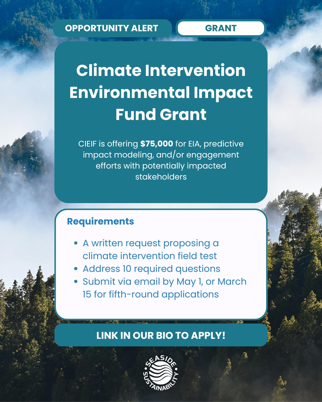 Climate Intervention Environmental Impact Fund is looking to award a generous grant of $75,000! To learn more about the organization or how to apply, visit the link below!
https://cieif.org/guidelines-for-grant-applicants/
#seasidesustainability #grantopportunity #cieif #grantopportunities