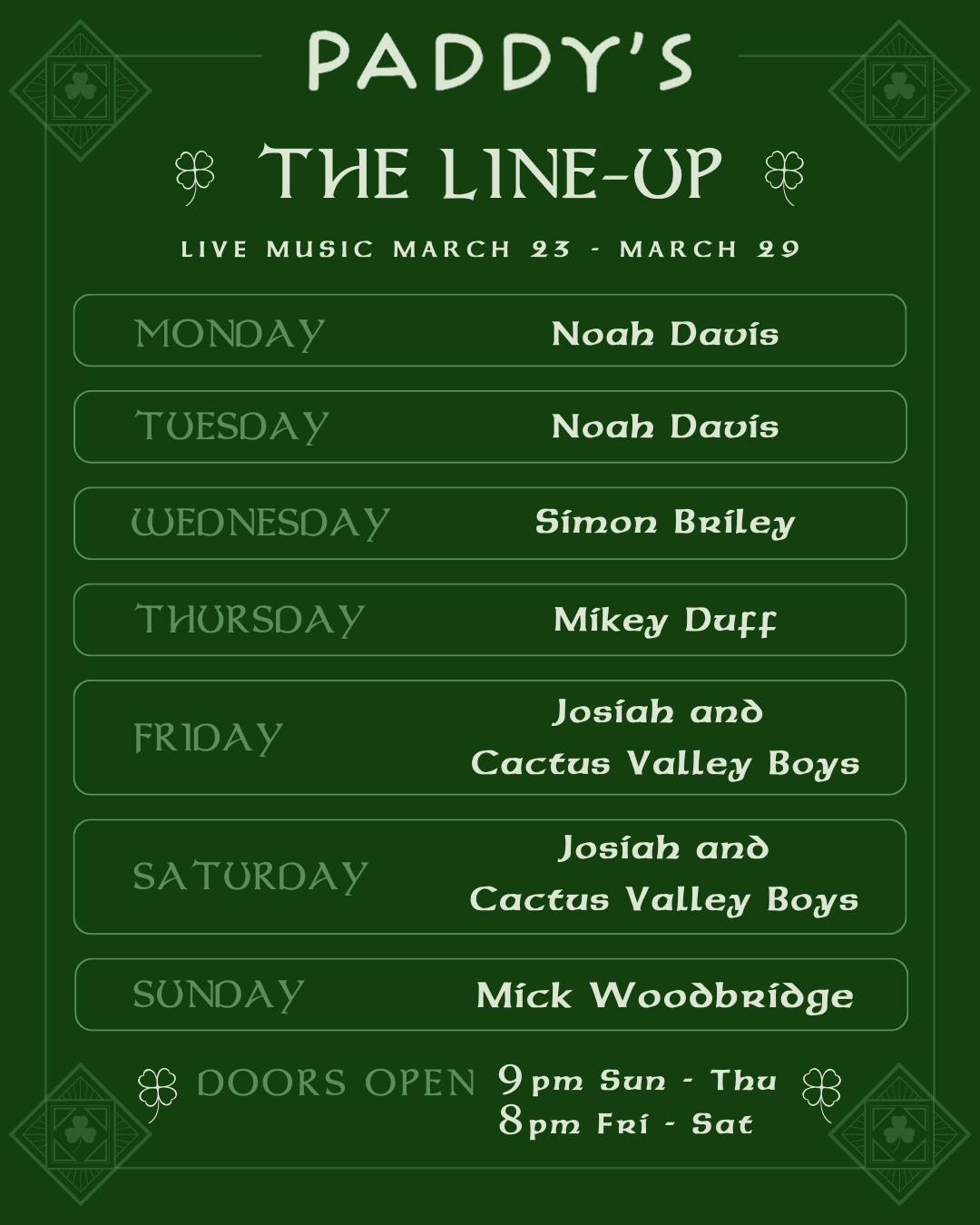 THIS WEEK AT PADDY’S 🍀
Live music every night at Paddy’s
Here’s what’s coming up:
🎤 Monday & Tuesday – @noahdaviscookson
🎶 Wednesday – @simonbriley
🎸 Thursday – @mikeyduffmusic
🔥 Friday & Saturday – @josiahsamuelmusic + @cactusvalleyboys
🎵 Sunday – @mickwoodbridgemusic
Cold drinks, live music and a packed dance floor all weeK
Tag the crew you’re bringing 👇
#PaddysShenanigans #AirlieBeach #LiveMusicAirlie #Whitsundays #AirlieBeachNights