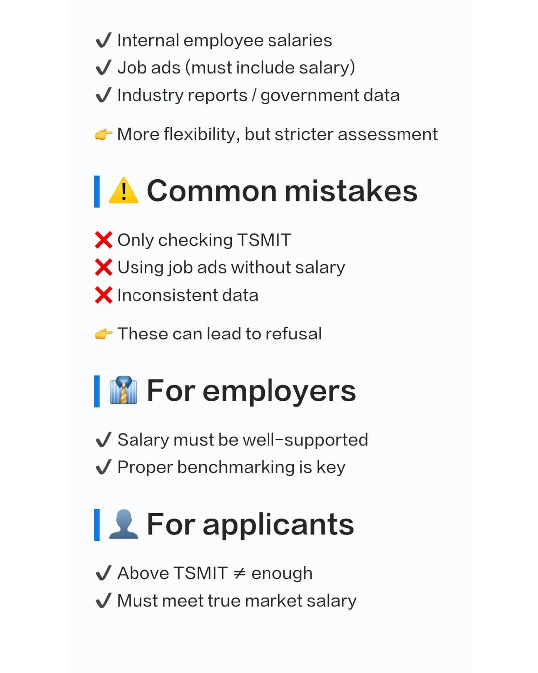 The salary requirements for employer-sponsored visas are not determined solely by the annually increasing TSMIT (Temporary Skilled Migration Income Threshold).
They must also meet the AMSR (Annual Market Salary Rate).
#australiamigration #AustraliaMigration #australiamigrationupdates #australiamigrationexperts #australiaimmigration #employersponsoredvisa #EmployerSponsor #482visa #186Visa #186visa