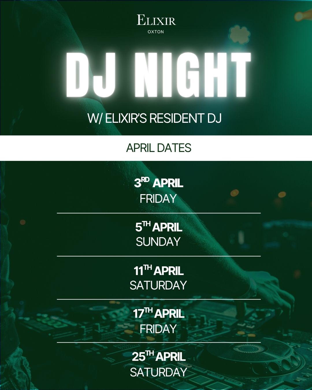 Our upcoming DJ Nights with our house Dj 👇
‣ 3rd April
‣ 5th April
‣ 11th April
‣ 17th April
‣ 25th April
Why not pop in and join us for a drink and a dance?💃🍹
#elixir #oxton #wirral #restaurant #livemusic #drinks