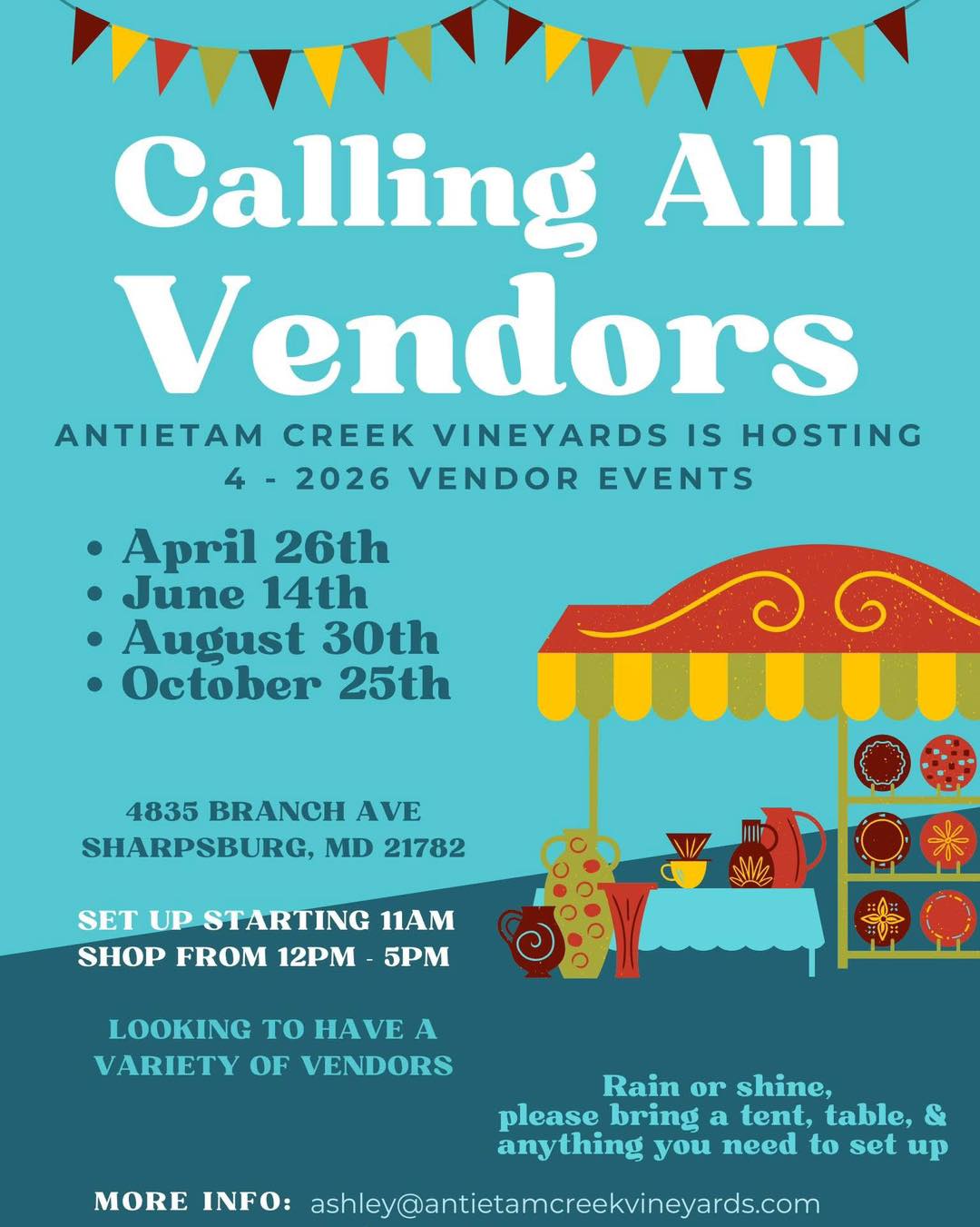 Calling all vendors 📢
For more information or if you are interested in being a vendor at one of our markets this year, please reach out to Ashley at ashley@antietamcreekvineyards.com