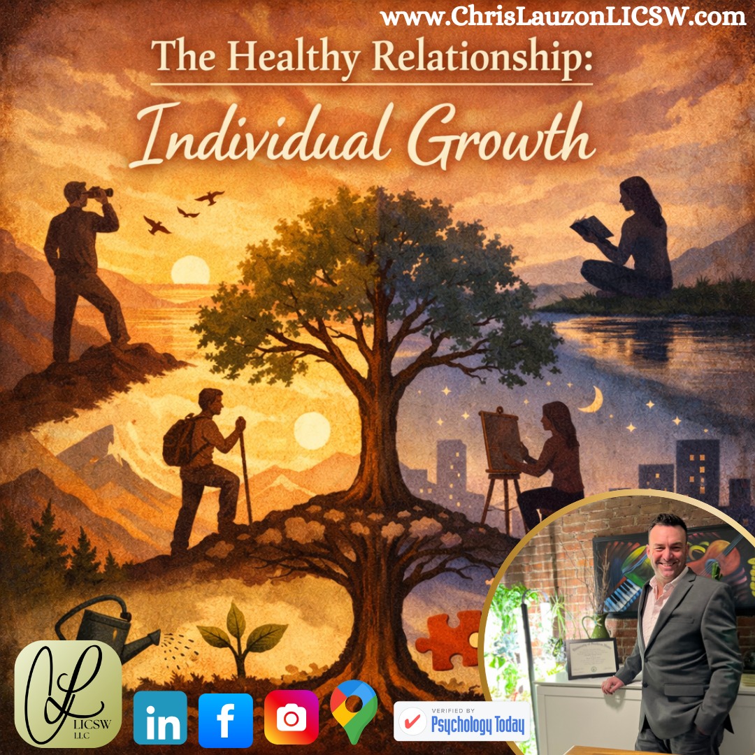 New Blog Post-Welcoming New Clients-LINK IN BIO
In-Network with BCBS & United Healthcare & Accepting More Insurances.
The Healthy Relationship: Individual Growth: "When we think about a healthy relationship, many of us picture closeness: shared time, shared experiences, shared goals. Partnership certainly includes those things, yet one of the most important ingredients of a truly healthy relationship is something that may seem counterintuitive at first; individual growth."
@bluecrossma @unitedhealthcare @point32health @aetna @cignahealthcare @masocialworkers @psych_today @headway
#MentalHealth #SelfCare #PersonalGrowth #MentalWellness #Mindfulness #Partnership #PersonalJourney #EmotionalHealth #MassachusettsMentalHealth #OldMentalMuscle #Autonomy #Individuality #NewMentalMuscle #SelfImprovement #HealthyRelationship #Motivation #MentalStrength #SelfAwareness #WellBeing #PresentSelf #SelfLove #HealthyCommunication #ChrisLauzonLICSW #TherapyBoston #LICSW #Therapist #Counseling #Clinician #Change
