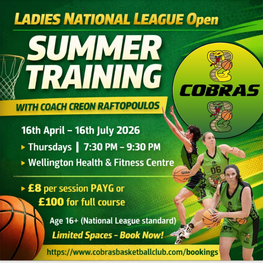 🏀 Ladies NL Open Summer Training
Join our Ladies National League Open Summer Training sessions led by Coach Creon Raftopoulos. These sessions are designed for players competing at, or ready for, National League standard who want to develop their game in a high-level, competitive environment.
📍 Location: Wellington Health & Fitness Club, Duke's Ride, Crowthorne RG45 7PT
📅 Day: Thursdays
⏰ Time: 7:30 PM – 9:30 PM
🗓️ Duration: 16th April - 18th July 2026
💷 Cost: £8 per session (PAYG) or £100 for the full course
👥 Eligibility: Age 16+ (must be of National League standard)
⚠️ Spaces are limited, so booking is essential. Please secure your place using the link below:
🔗 https://hosted-uk.coacha.app/VR6YIWMC/2MQ4UOQQ
