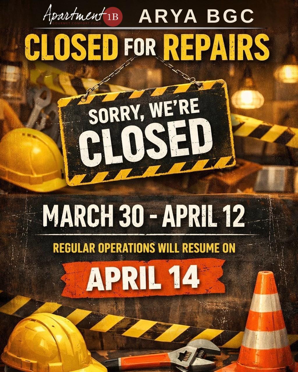 𝐀𝐩𝐚𝐫𝐭𝐦𝐞𝐧𝐭 𝟏𝐁 𝐀𝐑𝐘𝐀 𝐁𝐆𝐂
will be taking a break from 𝐌𝐚𝐫𝐜𝐡 𝟑𝟎 - 𝐀𝐩𝐫𝐢𝐥 𝟏𝟐, 𝟐𝟎𝟐𝟔 to address some technical concerns.
We will be back on 𝐓𝐔𝐄𝐒𝐃𝐀𝐘, 𝐀𝐏𝐑𝐈𝐋 𝟏𝟒, 𝟐𝟎𝟐𝟔.
We appreciate your patience and understanding as we work to create a better dining experience for you.
Thank you for your continued support.