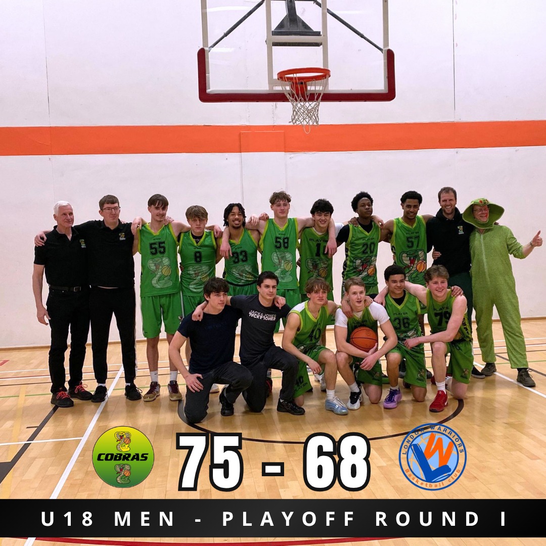 Round 1 win for Coach Alex & U18 team today against a strong London Warriors. Thanks to Coaches Dan & Andy and all the supporters who raised the roof! Cobras Mascot in attendance ✅ Well done everyone - super proud 🐍🏀🙌