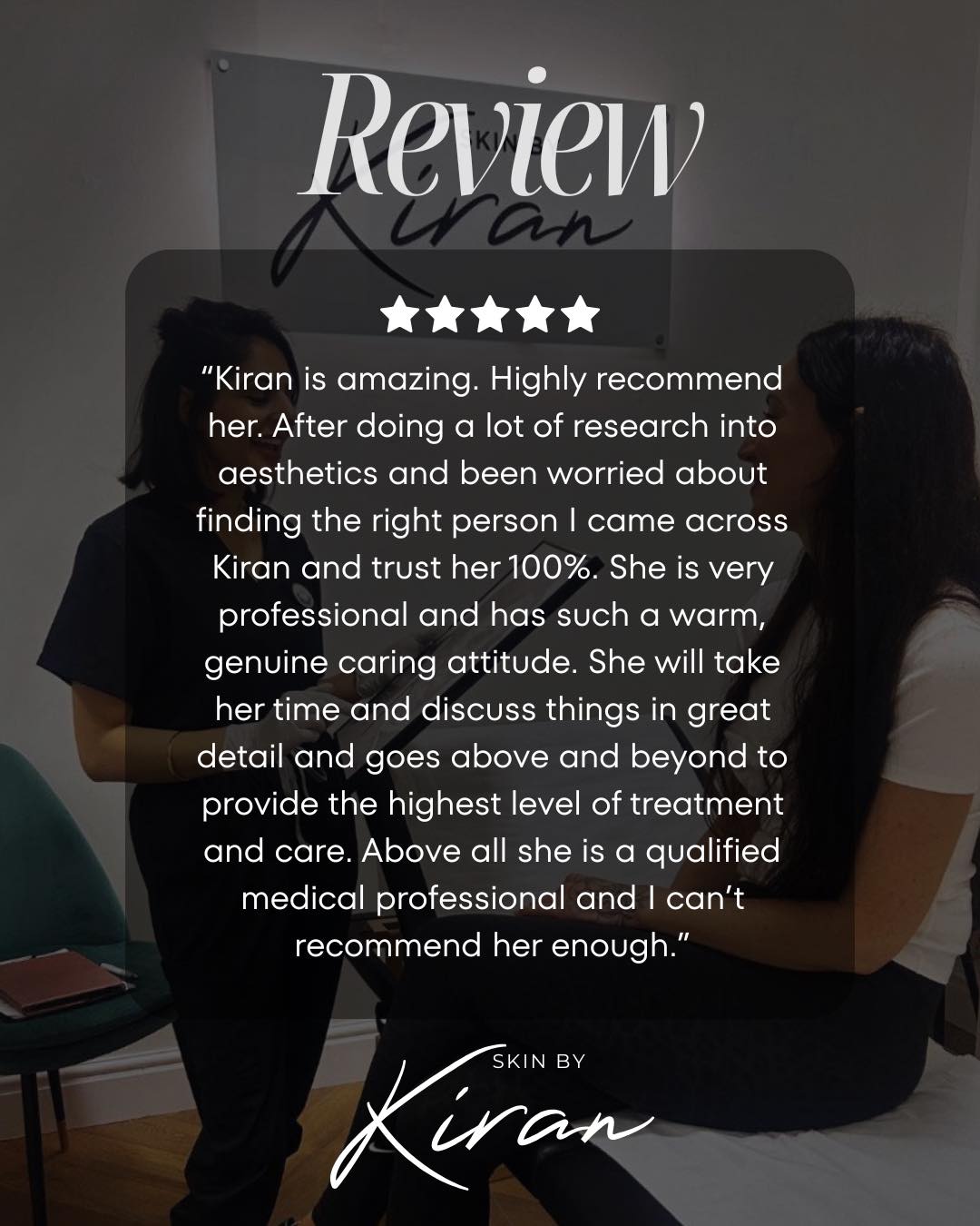 ✨ Client Review ✨
“Kiran is amazing. Highly recommend her. After doing a lot of research into aesthetics and being worried about finding the right person, I came across Kiran and trust her 100%. She is very professional and has such a warm, genuine, caring attitude. She takes her time, discusses everything in detail, and goes above and beyond to provide the highest level of treatment and care. Above all, she is a qualified medical professional and I can’t recommend her enough.” 💛
Feedback like this means everything to me — thank you so much for trusting me with your journey ✨
If you’re unsure where to start, a consultation is always the best first step 💫