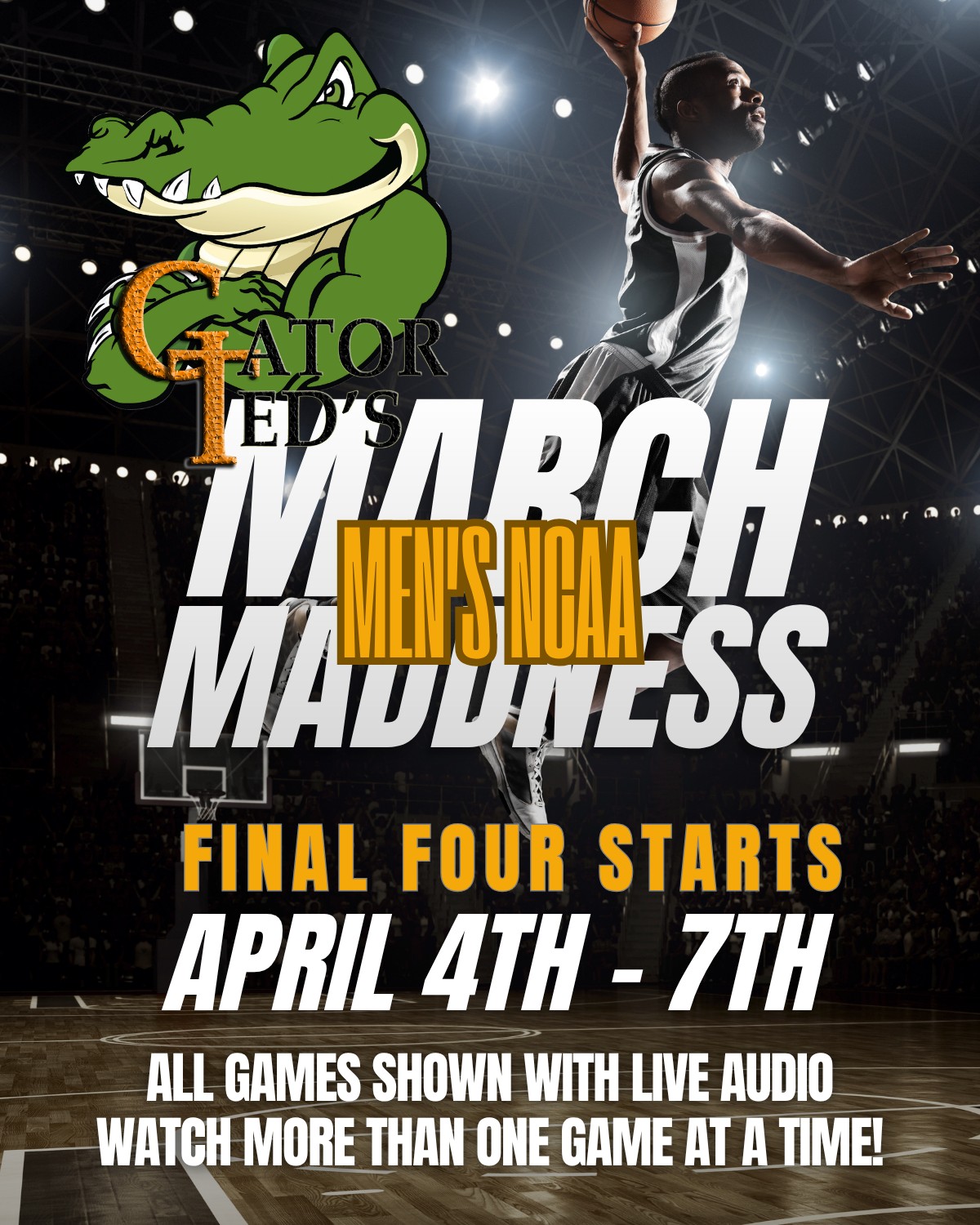 🏀🔥 MARCH MADNESS IS HERE AT GATOR TED’S! 🔥🏀
The road to the Final Four is heating up and you don’t want to miss a second of the action!
📅 April 4th – 7th
🎙️ All games with LIVE audio
📺 Watch multiple games at once
Grab your crew, lock in your seats, and catch every buzzer beater, upset, and highlight play right here with us! 🍻
🏀 Great food. Cold drinks. Unreal game-day atmosphere.
Who are you rooting for? 👇