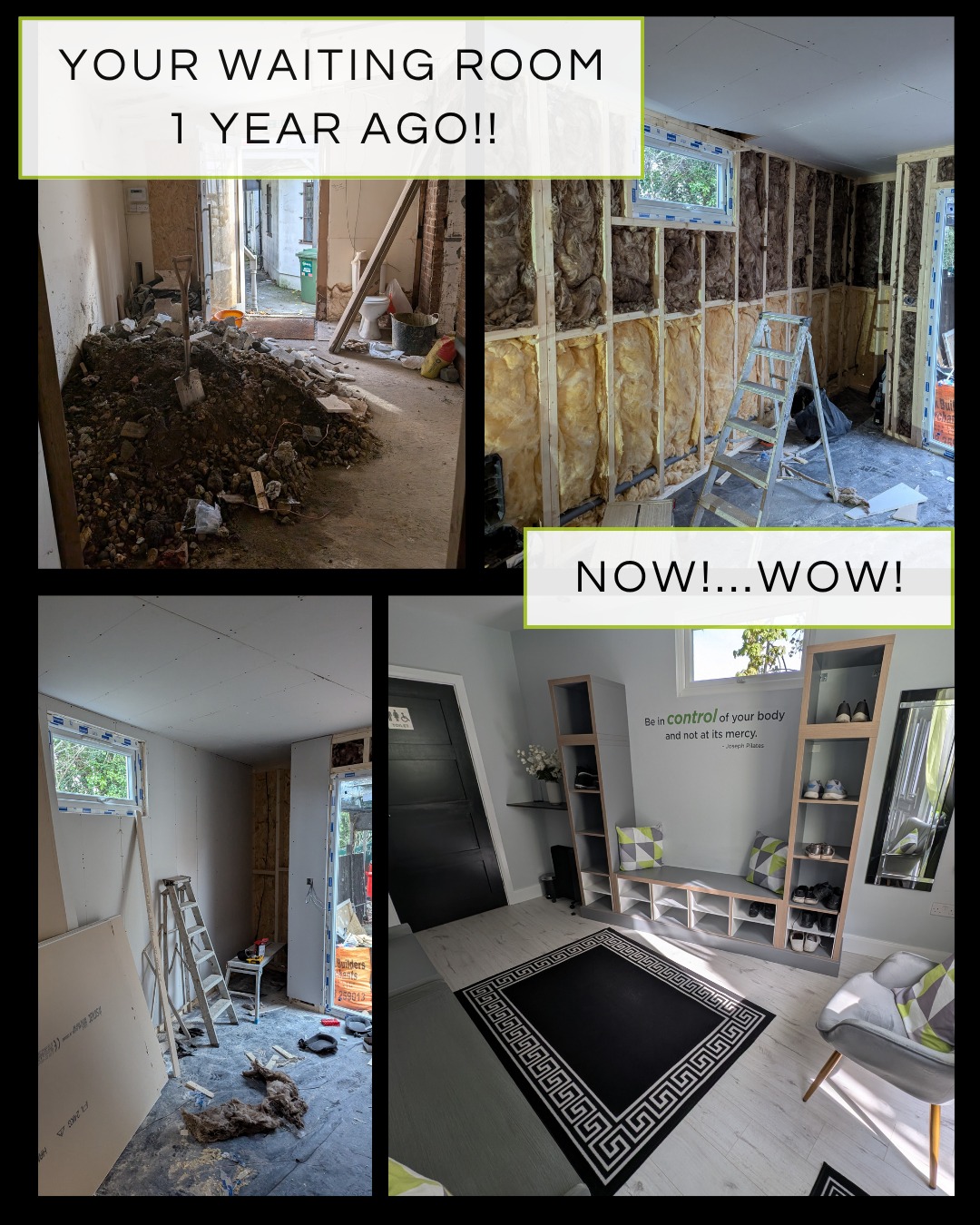 Can you believe your lovely waiting room and social place looked like this only 1 year ago!?!
Let’s celebrate on Saturday 18th April with drinks for existing clients upstairs in the Mat Studio, plus a chat and a tour for newbies interested in joining us. Come along at 12.15pm for some fun and lunchtime refreshments. All adults welcome (no children please for safety reasons).
#reformerpilatesstudio #privatereformer #rehabpilates #upminster #hornchurch #pilatesfamily #pilatesmatworkstudio #pilatesstudios