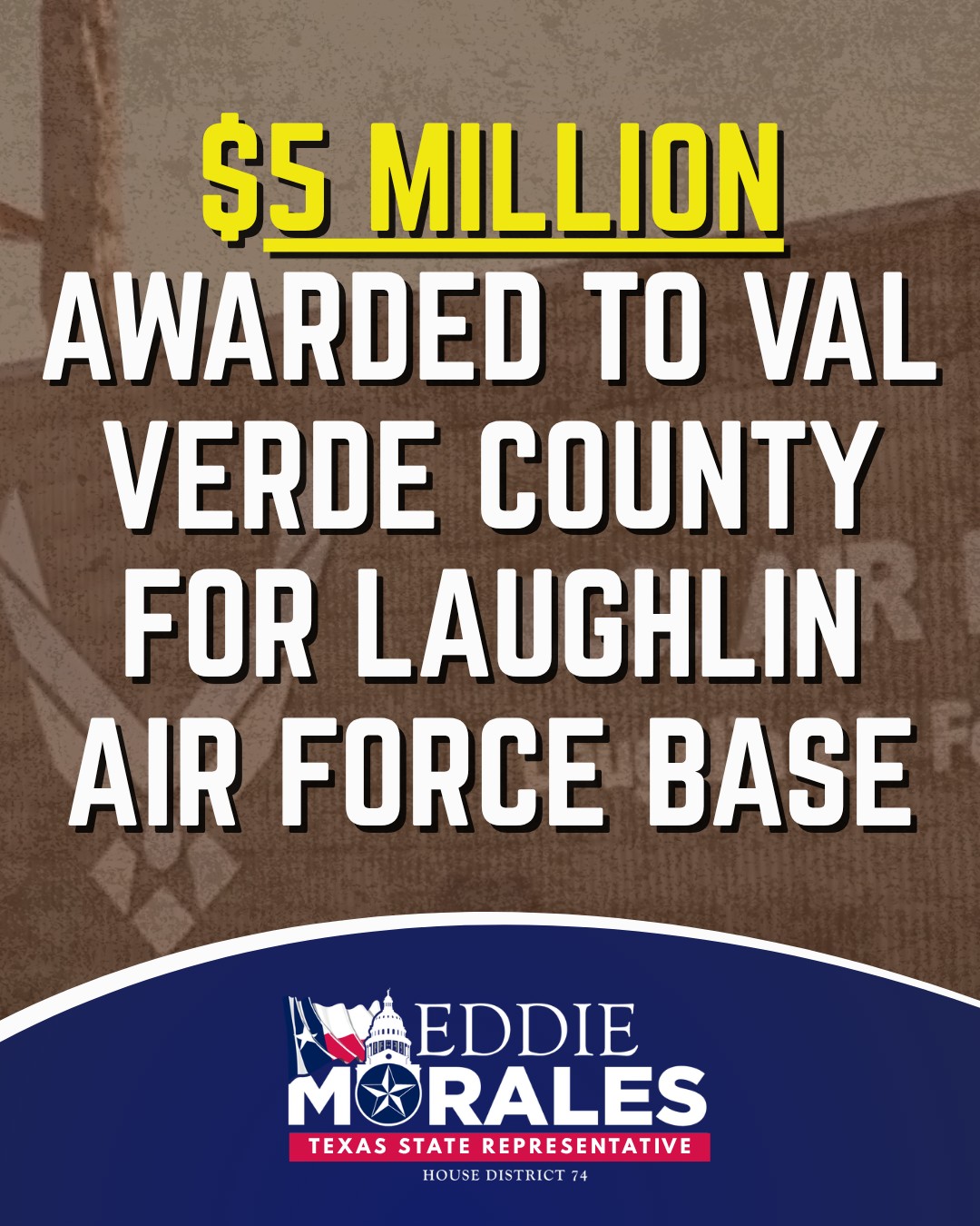 Great news! Yesterday, Governor Abbott announced $5 million was awarded to Val Verde County through the Defense Economic Adjustment Assistance Grant (DEAAG) program. This session, I was proud to support $30 million in funding for this program to ensure our military communities across Texas are equipped with the resources they need to defend our nation.
This money will go toward modernizing the airfield lighting system to FAA standards. Additionally, the City of El Paso received $4 million to increase water production capacity of the Kay Bailey Hutchison Desalination Plant at Fort Bliss.
