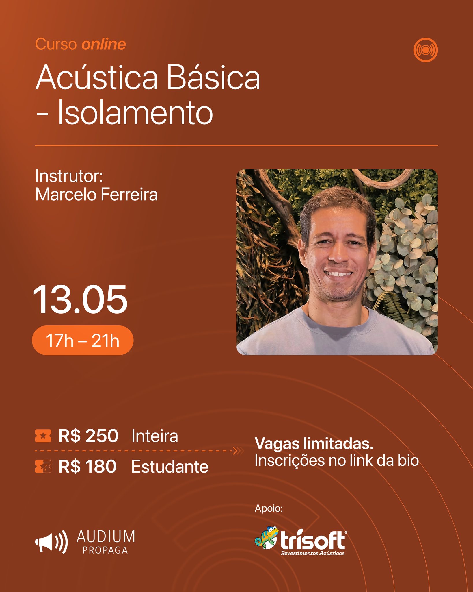 Domine técnicas essenciais para planejar e aplicar soluções de isolamento acústico de forma prática e eficaz. Incorporar a acústica desde o início do projeto não é apenas um detalhe, é uma maneira de adequar qualquer ambiente em um espaço mais saudável, agradável e eficiente.
Vagas limitadas – garanta a sua agora!
Inscreva-se no link da bio.
