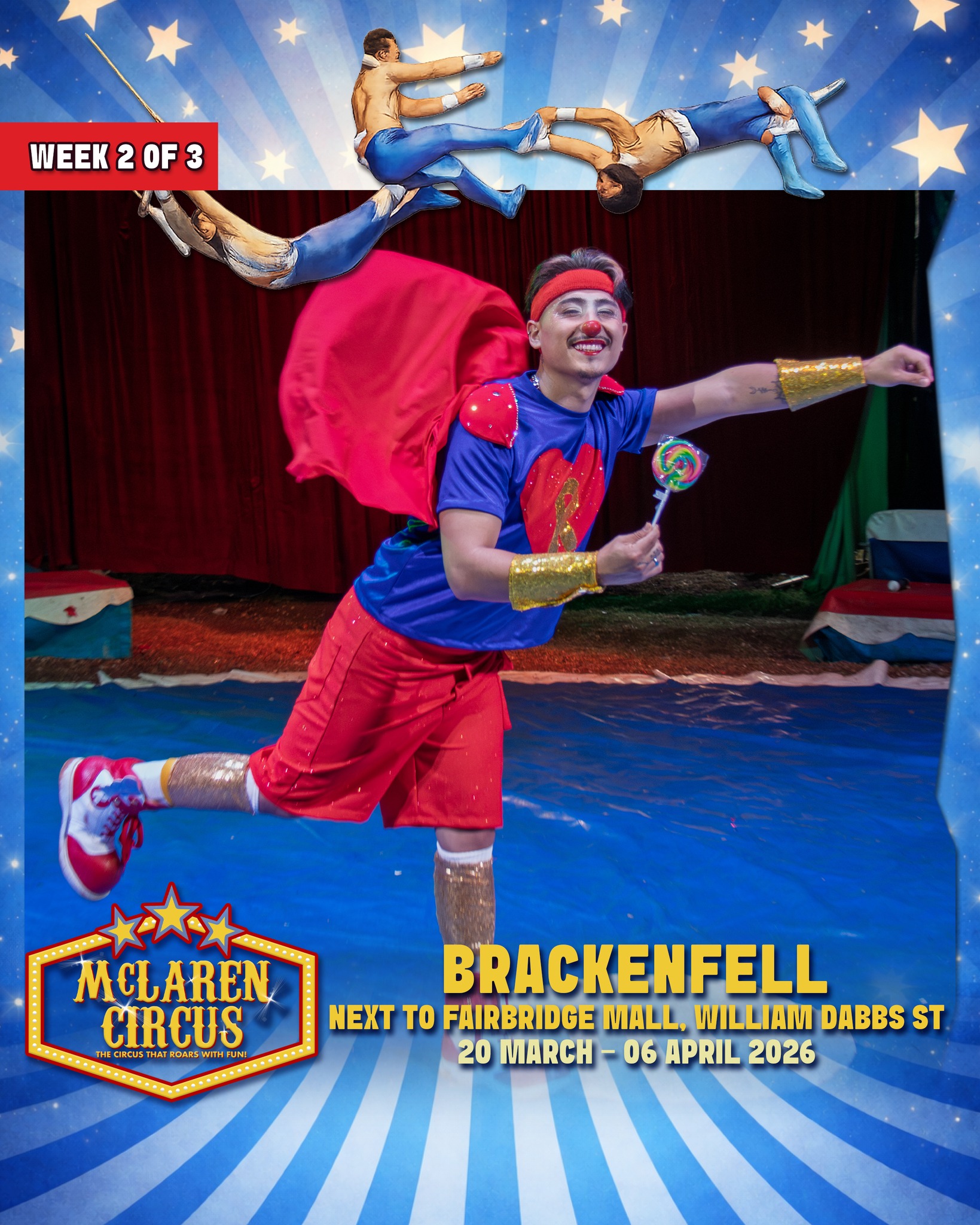 🎪✨ Second last week in #Brackenfell! Don't miss our action packed show!!
🗓️ SHOW TIMES (week 2 of 3):
• Tue, 24 Mar 2026 @ 7 PM
• Wed, 25 Mar 2026 @ 7 PM
• Thu, 26 Mar 2026 @ *7 PM* (All seats R165 | Unreserved seating | Cash Only at Ticket Office | Sales on the day only)
• Fri, 27 Mar 2026 @ 3 PM & 7 PM
• Sat, 28 Mar 2026 @ 3 PM & 7 PM
• Sun, 29 Mar 2026 @ 3 PM
🎟️ Ticket Prices:
Back Chairs R175 | Side Chairs R195 | Raised Chairs R225 | Silver Ringside R250 | Gold Ringside R295
🎪 Ticket Office opens daily at 12 PM on show days
www.mclarencircus.co.za | WHATSAPP: http://wa.me/message/BGE2GJWJ5DLDC1