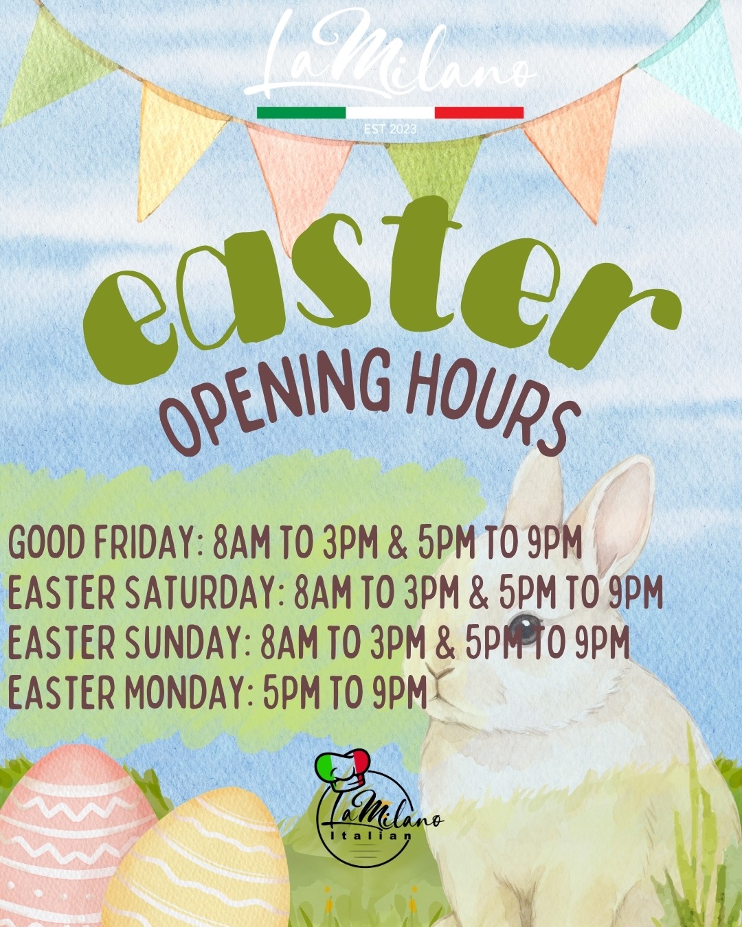๐ฐ EASTER TRADING HOURS ๐ฐ
We'll be trading as normal at La Milano Italian all Easter Long Weekend for a very hoppy Easter!
Good Friday: 8am to 3pm & 5pm to 9pm
Easter Saturday: 8am to 3pm & 5pm to 9pm
Easter Sunday: 8am to 3pm & 5pm to 9pm
Easter Monday: 5pm to 9pm
Book online or call 02-53530184 or email us info@lamilano.com.au
For more information please check www.lamilano.com.au