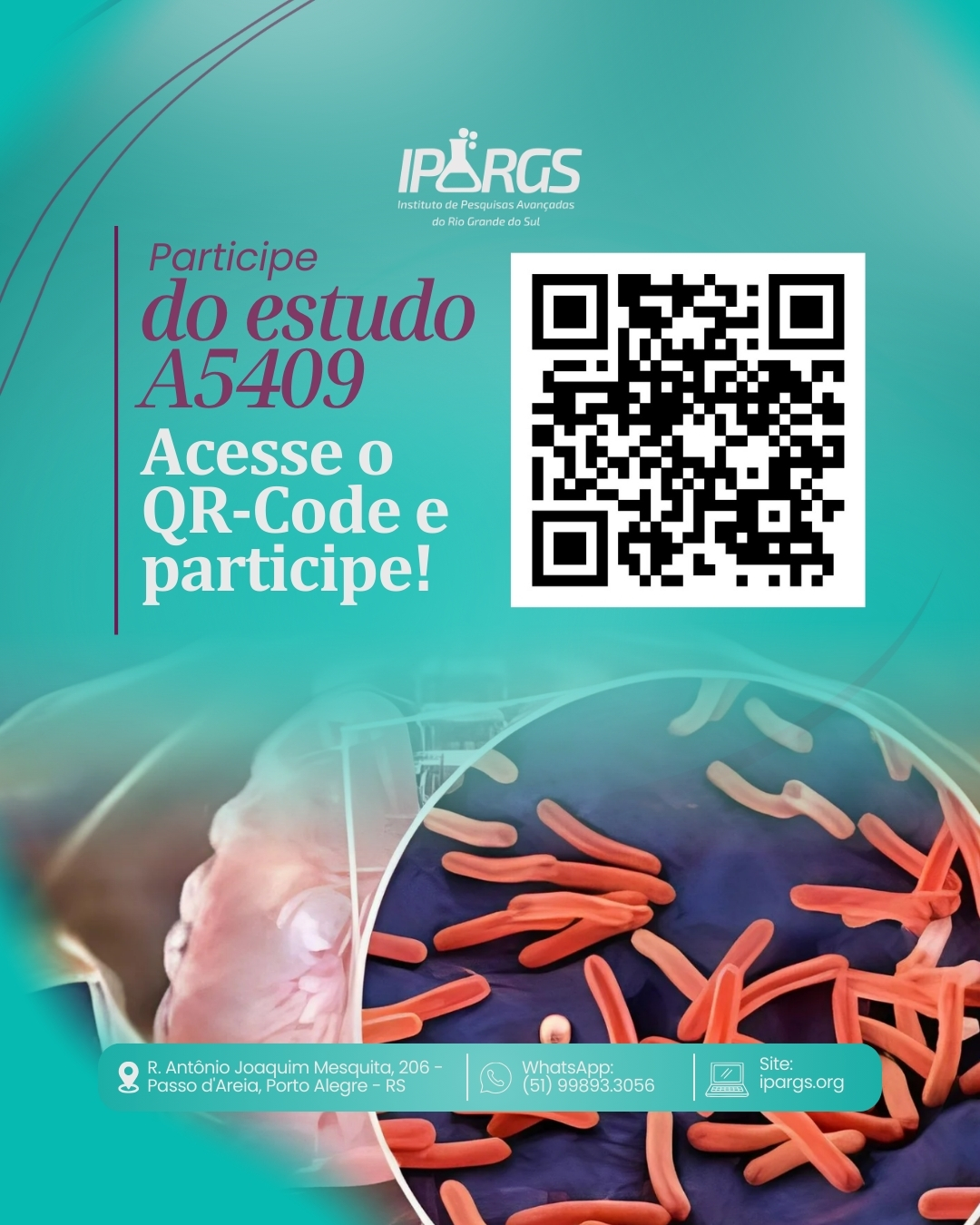 🧪 Participe de um estudo importante sobre tuberculose!
O IPARGS – Instituto de Pesquisas Avançadas do Rio Grande do Sul está recrutando voluntários para um estudo clínico que busca melhorar o tratamento da tuberculose pulmonar.
A pesquisa irá avaliar novos esquemas de medicamentos, com o objetivo de tornar o tratamento mais eficaz logo nas primeiras semanas, mantendo segurança e boa tolerância para os pacientes.
📌 Como funciona o estudo?
* Duração total de até 52 semanas
* Fase inicial com acompanhamento intensivo nas primeiras semanas
* Comparação entre o tratamento padrão e novas combinações de medicamentos
* Monitoramento completo da saúde dos participantes durante todo o processo
👥 Quem pode participar?
Adultos diagnosticados com tuberculose pulmonar sensível a medicamentos.
💡 Ao participar, você contribui diretamente para o avanço da ciência e para o desenvolvimento de tratamentos mais eficazes, que podem beneficiar milhares de pessoas.
📲 Quer saber mais ou participar?
Entre em contato com o IPARGS e faça parte dessa pesquisa que pode transformar o futuro do tratamento da tuberculose.
#IPARGS #PesquisaClínica #Tuberculose #Saúde #Ciência #Voluntariado